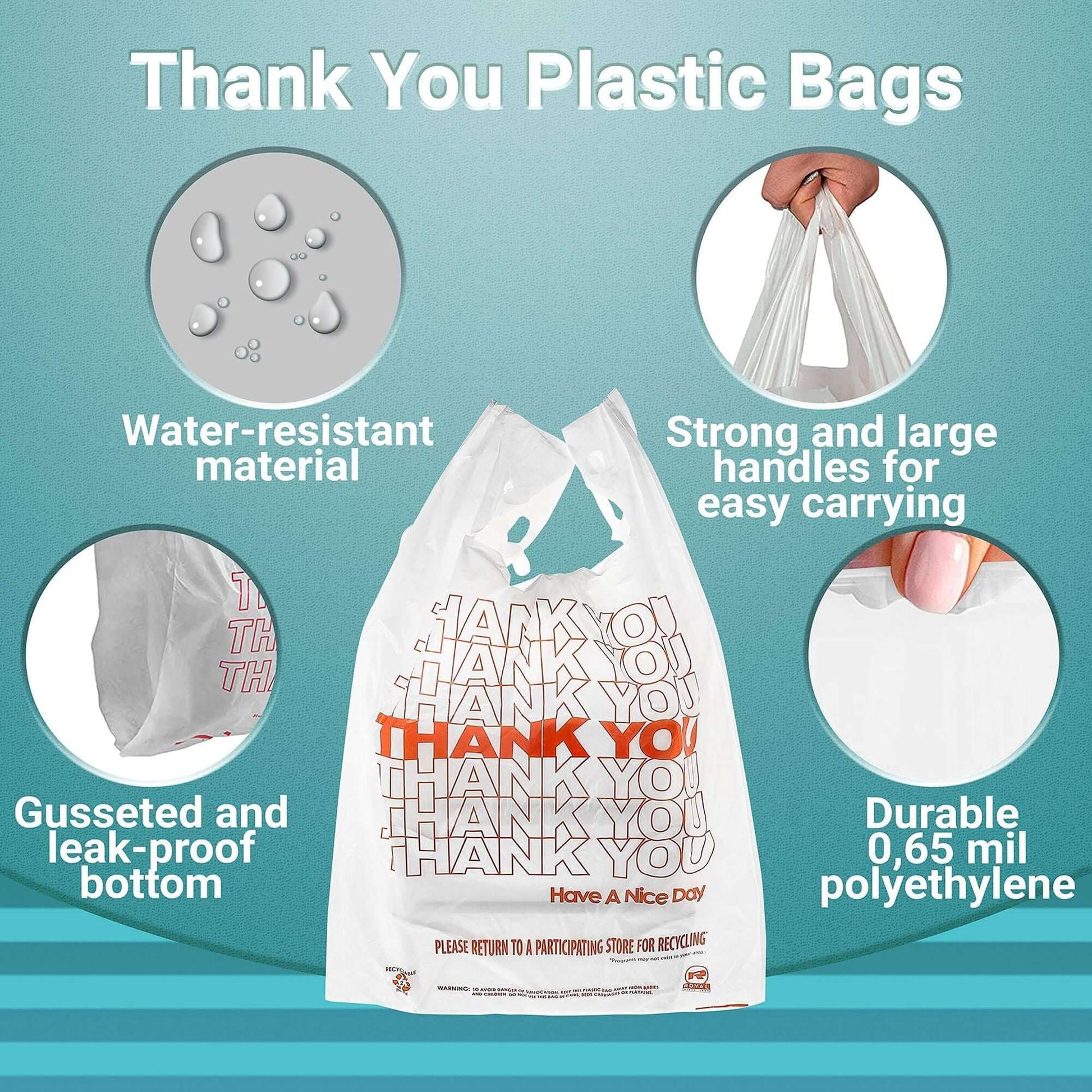Thank You plastic bags featuring water-resistant material, strong handles, gusseted bottom, and durable 0.65 mil polyethylene.