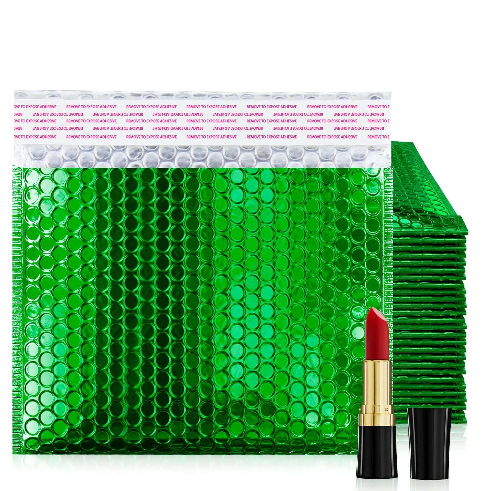 Pack of 50 green metallic bubble mailers, 12.75 x 10.5 inches, featuring elegant design and waterproof protection.