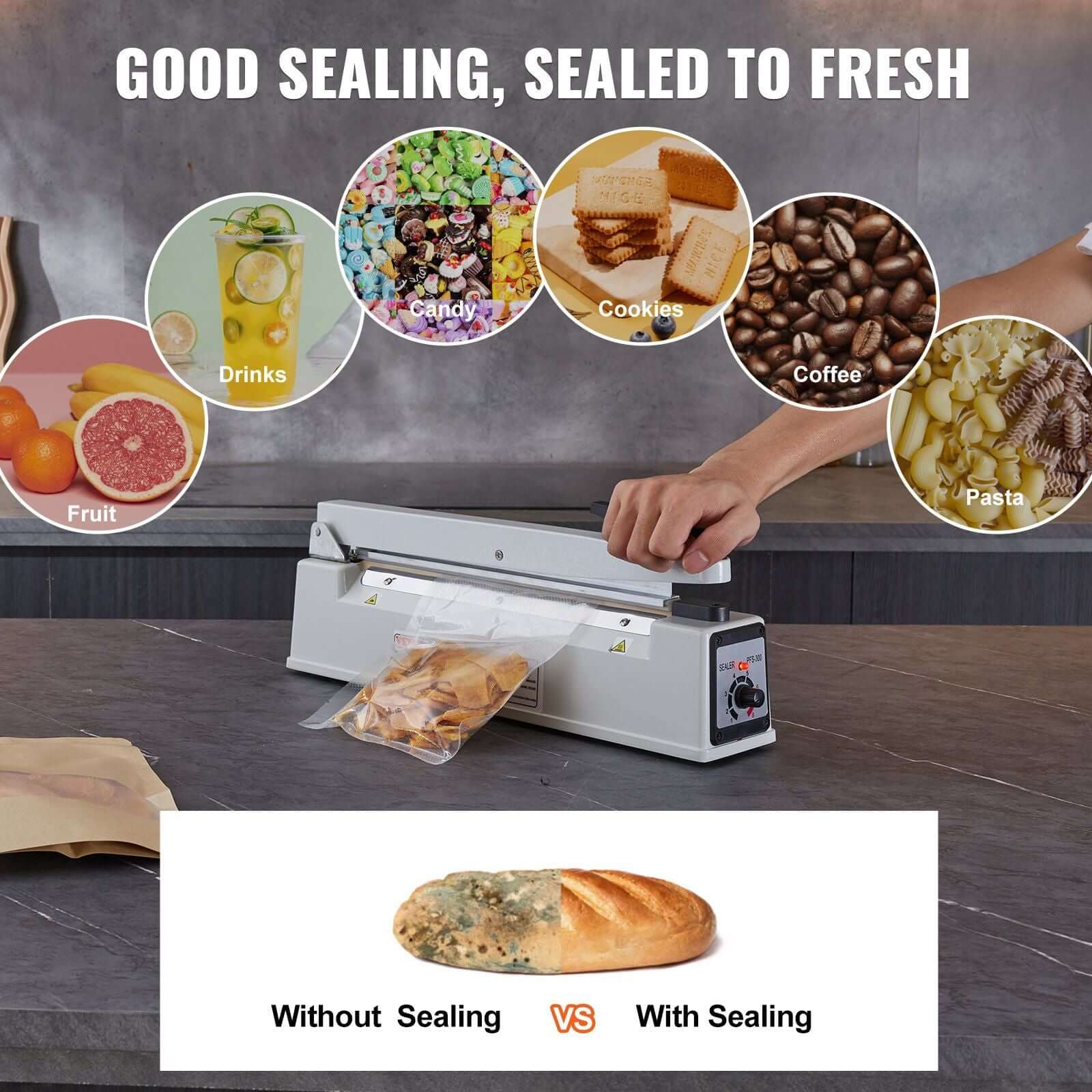 VEVOR 12 inch impulse sealer in use with various food items, highlighting freshness with sealing before and after.