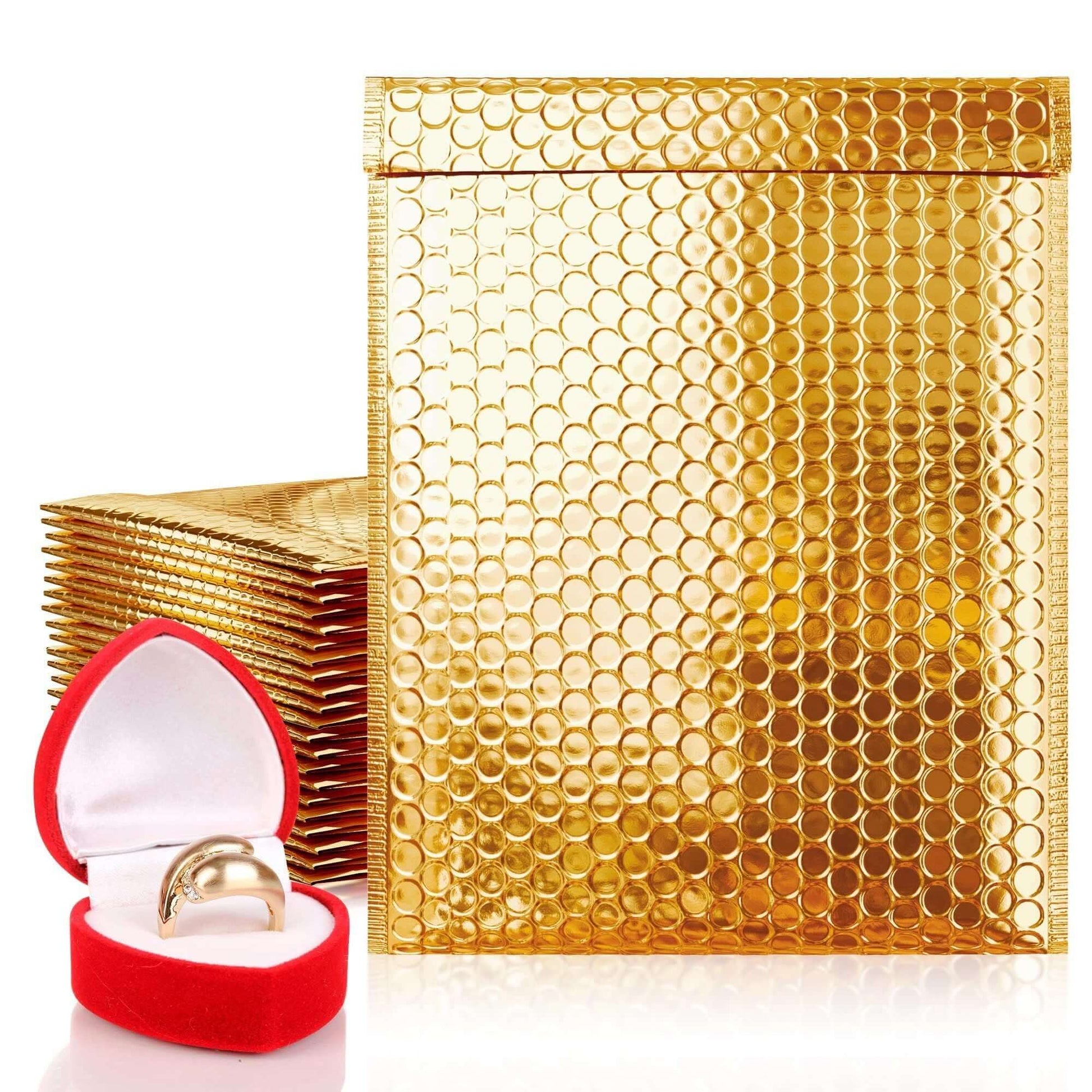 Gold metallic bubble mailers pack with a ring in a red box, 9.5 x 13.5 inches, strong, waterproof, and self-seal.