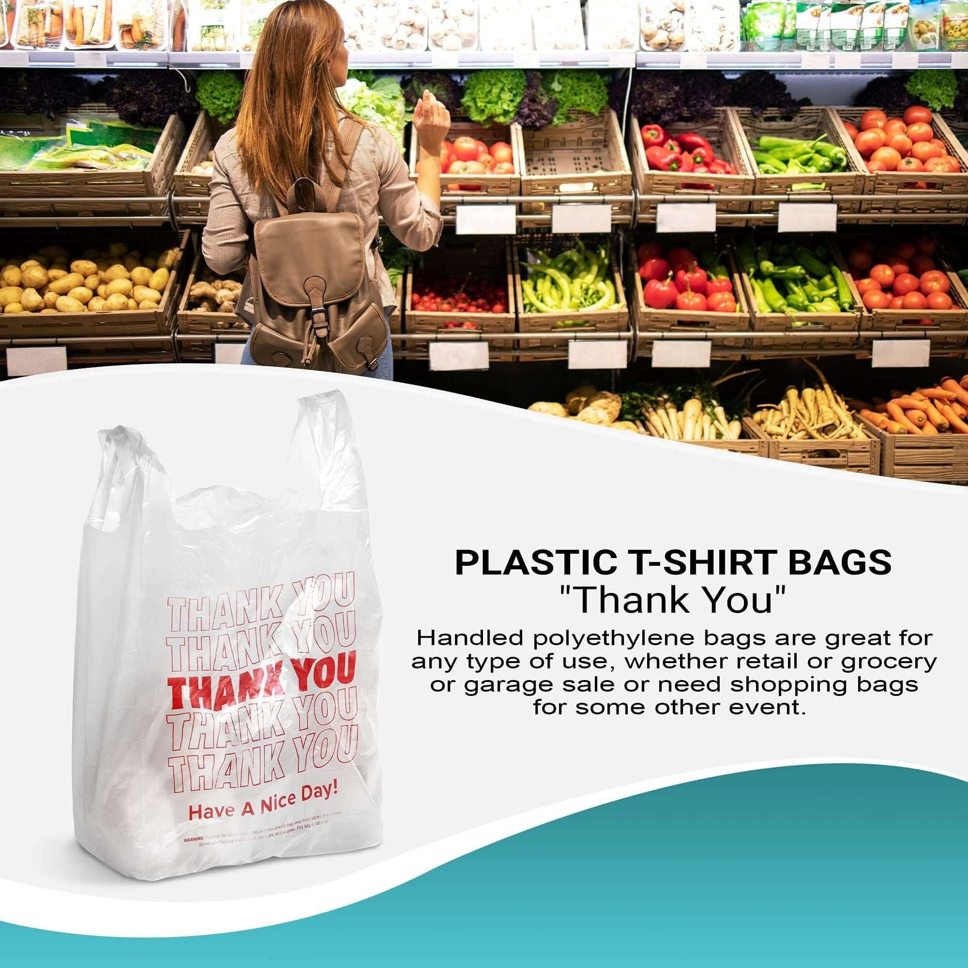 Woman shopping with reusable plastic T-shirt bags labeled 'Thank You' in a grocery store.