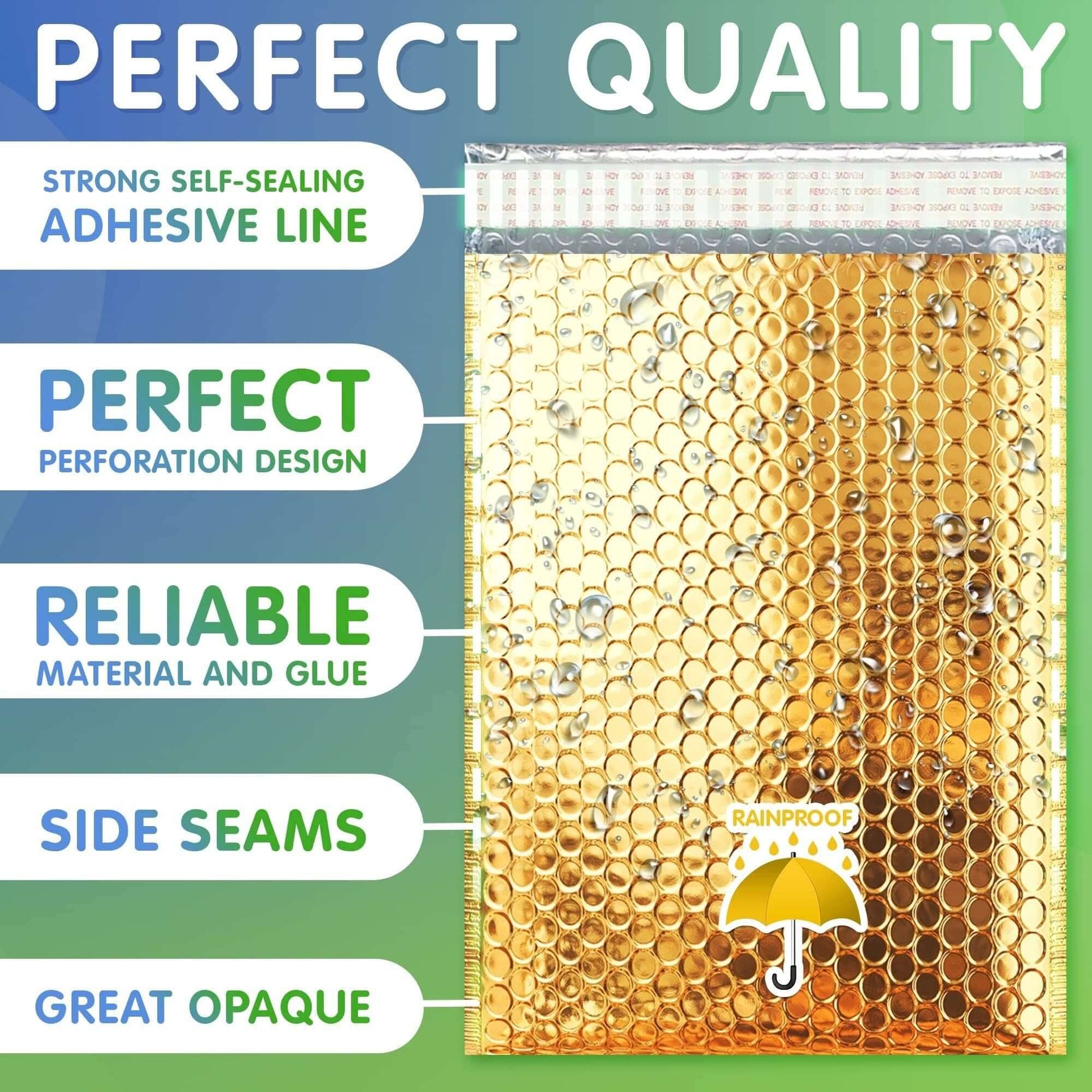 Gold metallic bubble mailer showcasing strong adhesive, perforation design, and reliable material for secure shipping.
