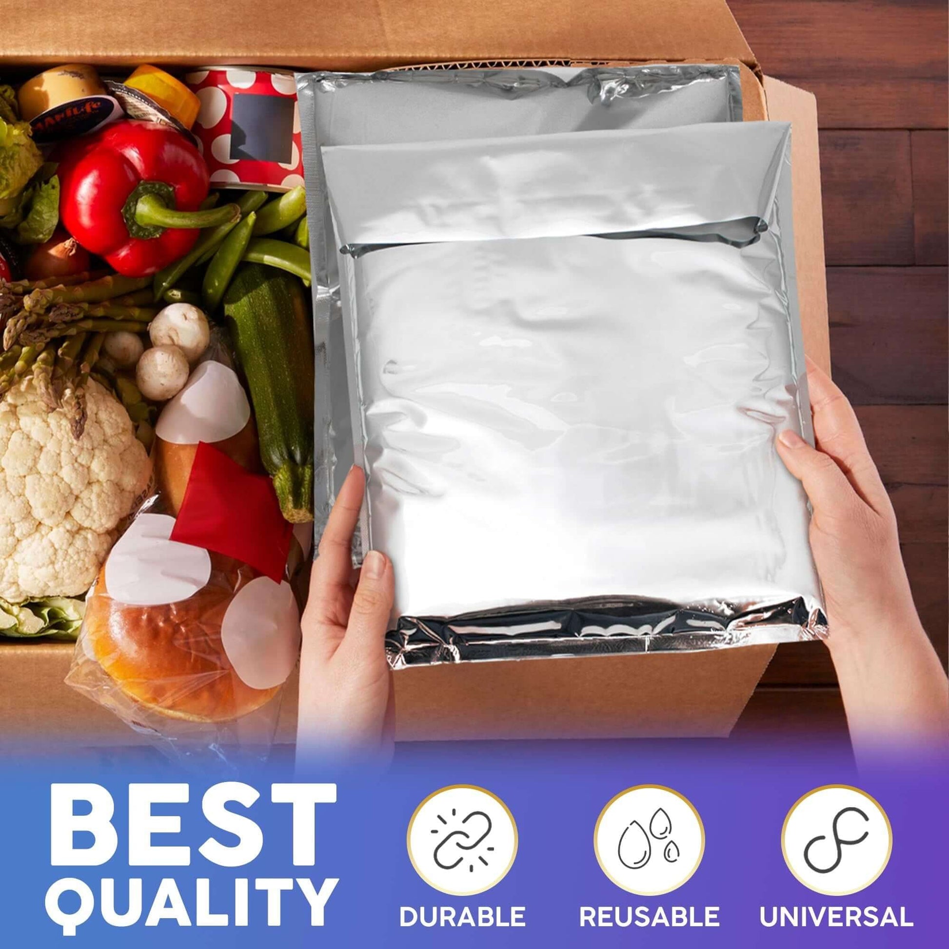 Aluminum insulated mailer held above a box of fresh vegetables, ideal for shipping food safely.