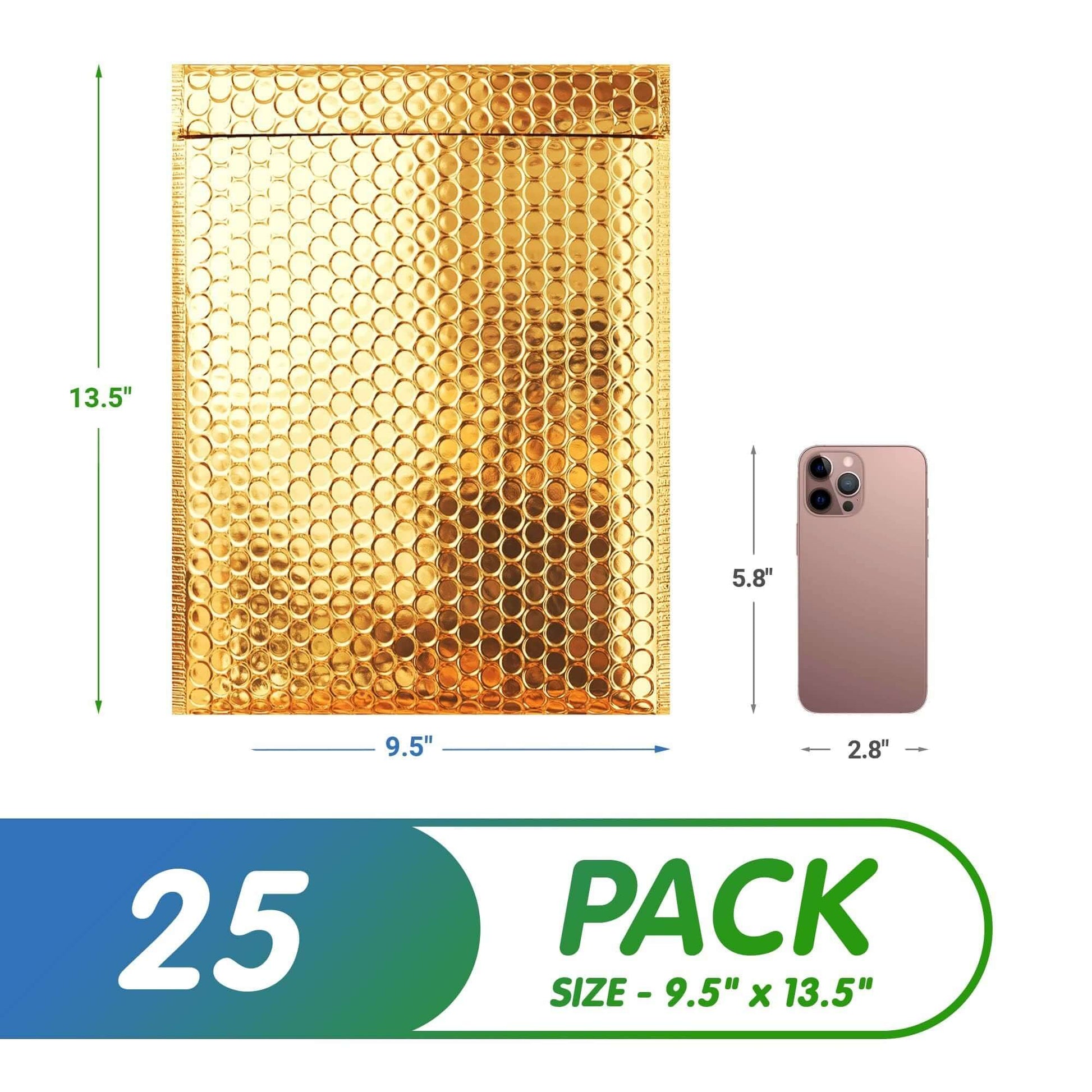 Gold metallic bubble mailer, 9.5 x 13.5 inches, pack of 25, shows size comparison with smartphone, waterproof and self-seal.