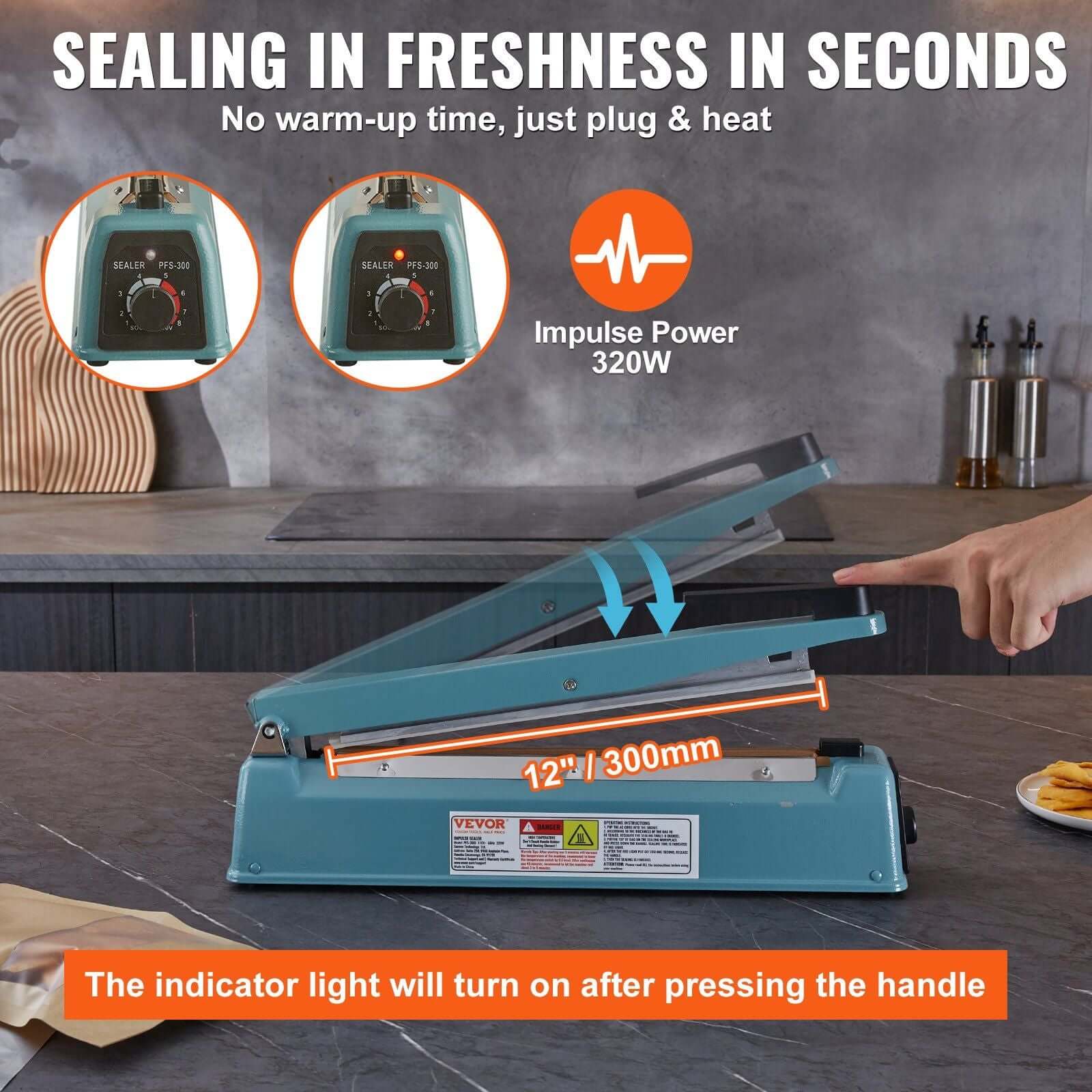 VEVOR 12 inch impulse sealer with adjustable heat settings for plastic bags, ideal for quick and efficient sealing.
