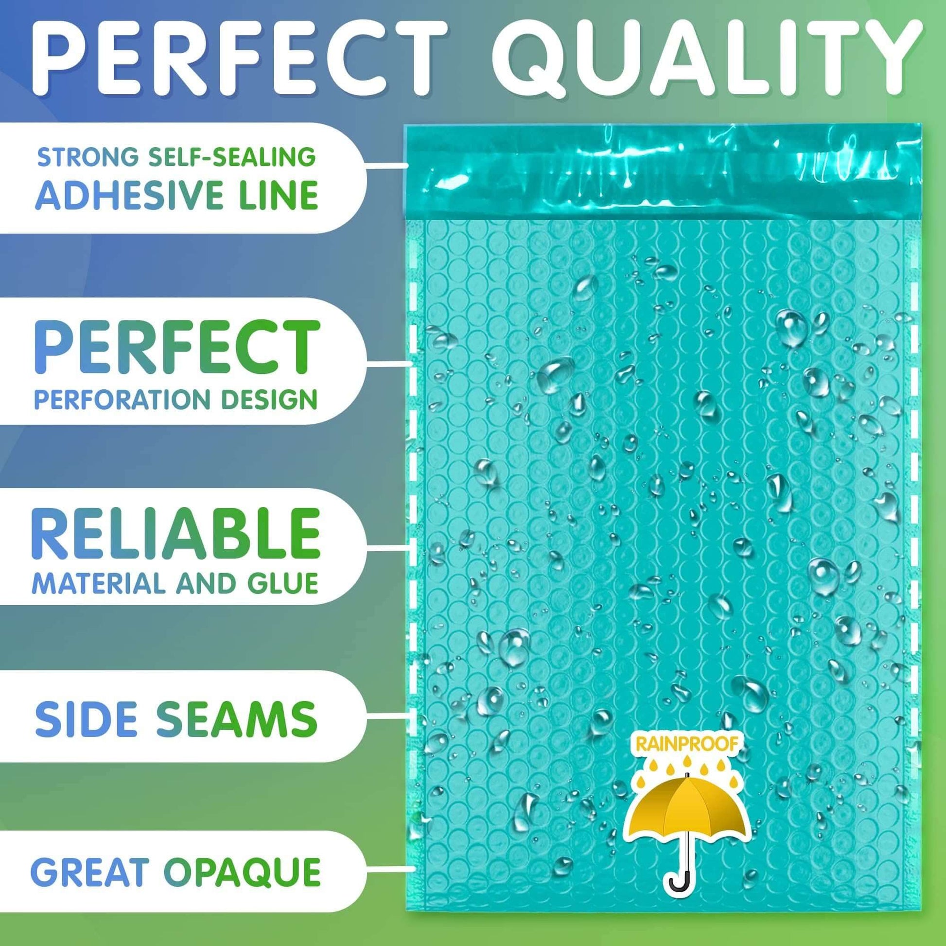 Teal bubble mailer showcasing self-sealing adhesive, perforation design, and waterproof features for secure shipping.