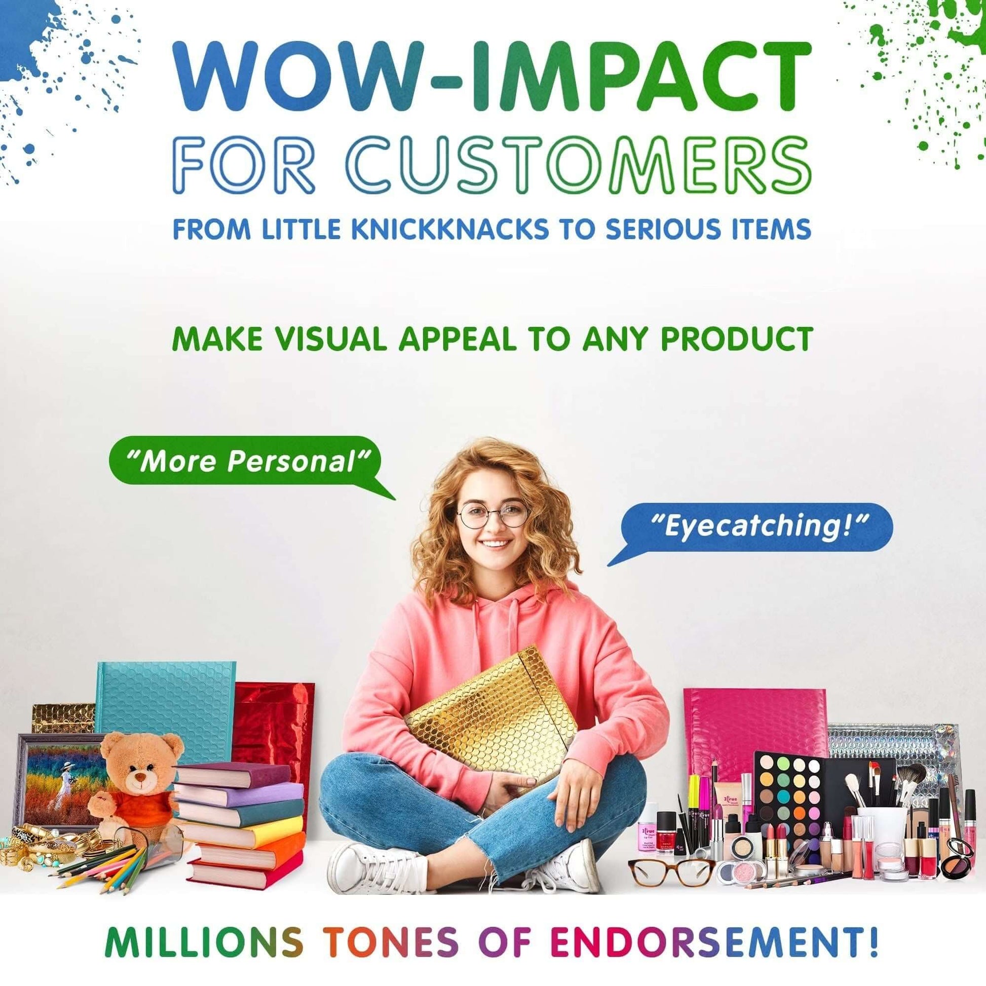 Graphic promoting visual appeal for products featuring colorful items, a smiling woman, and the caption 'WOW-IMPACT FOR CUSTOMERS'.