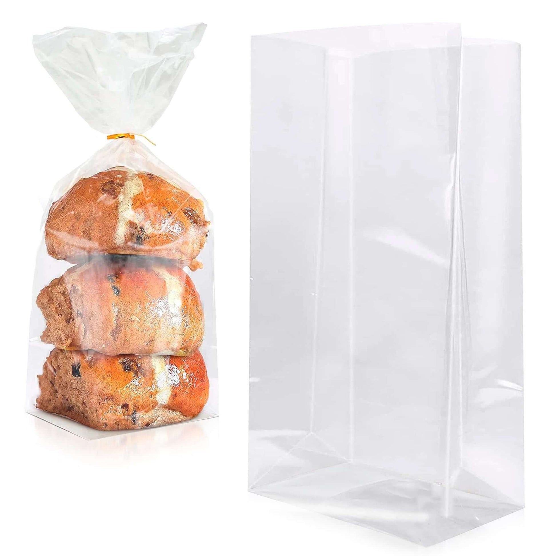 Clear gusseted poly bags displaying homemade bread, 10 x 6 x 20 inches, pack of 100, ideal for packaging treats.