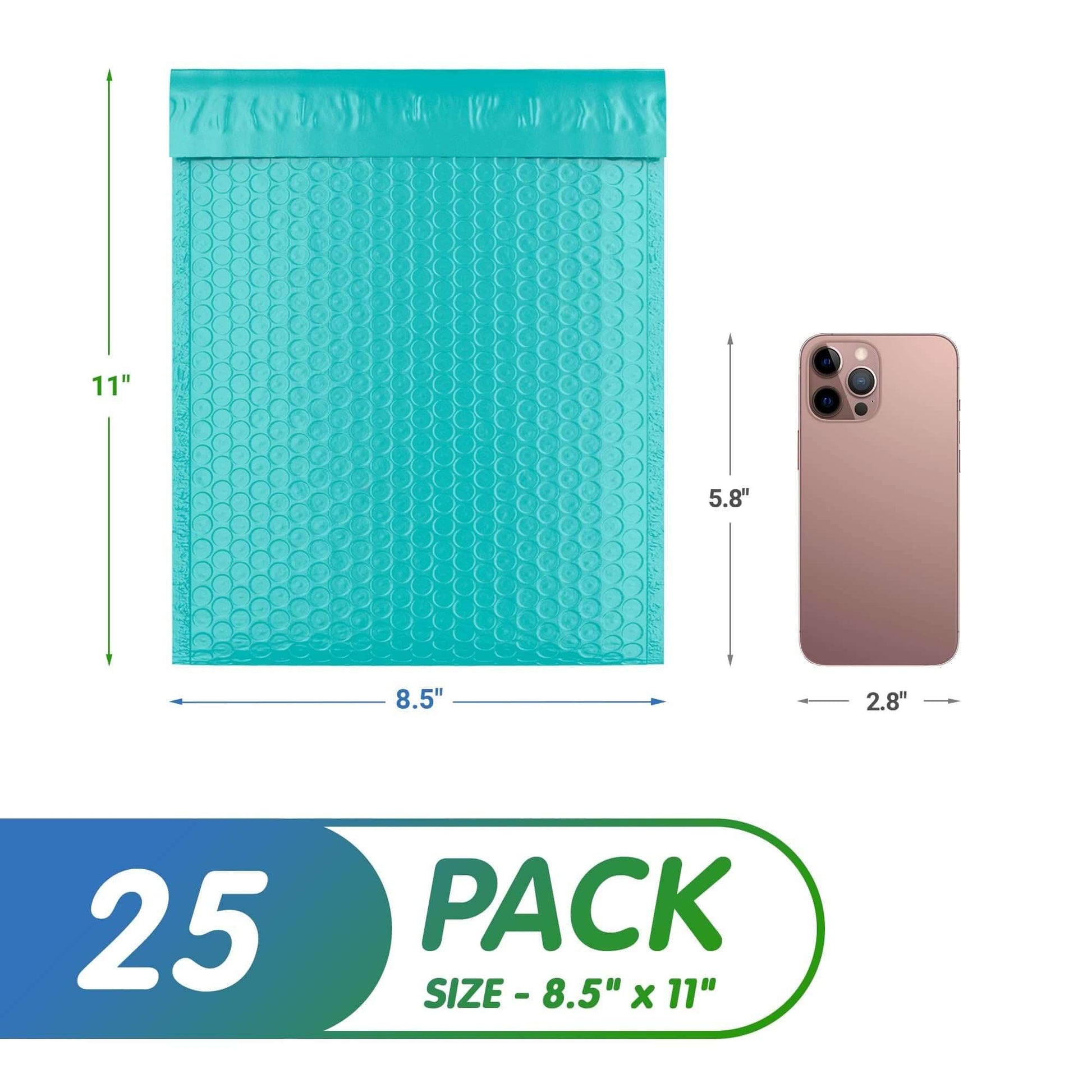 Teal poly bubble mailers 8.5 x 11 inches, 25 pack, durable self-seal envelopes ideal for shipping.
