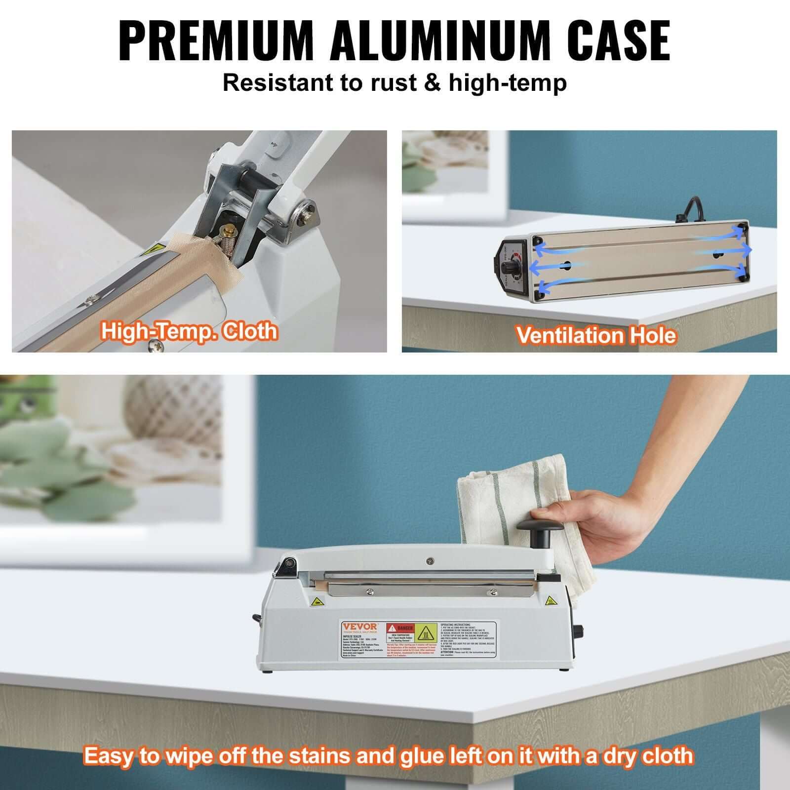 Image of VEVOR Impulse Sealer with premium aluminum case, showcasing high-temp cloth and ventilation hole for optimal performance.