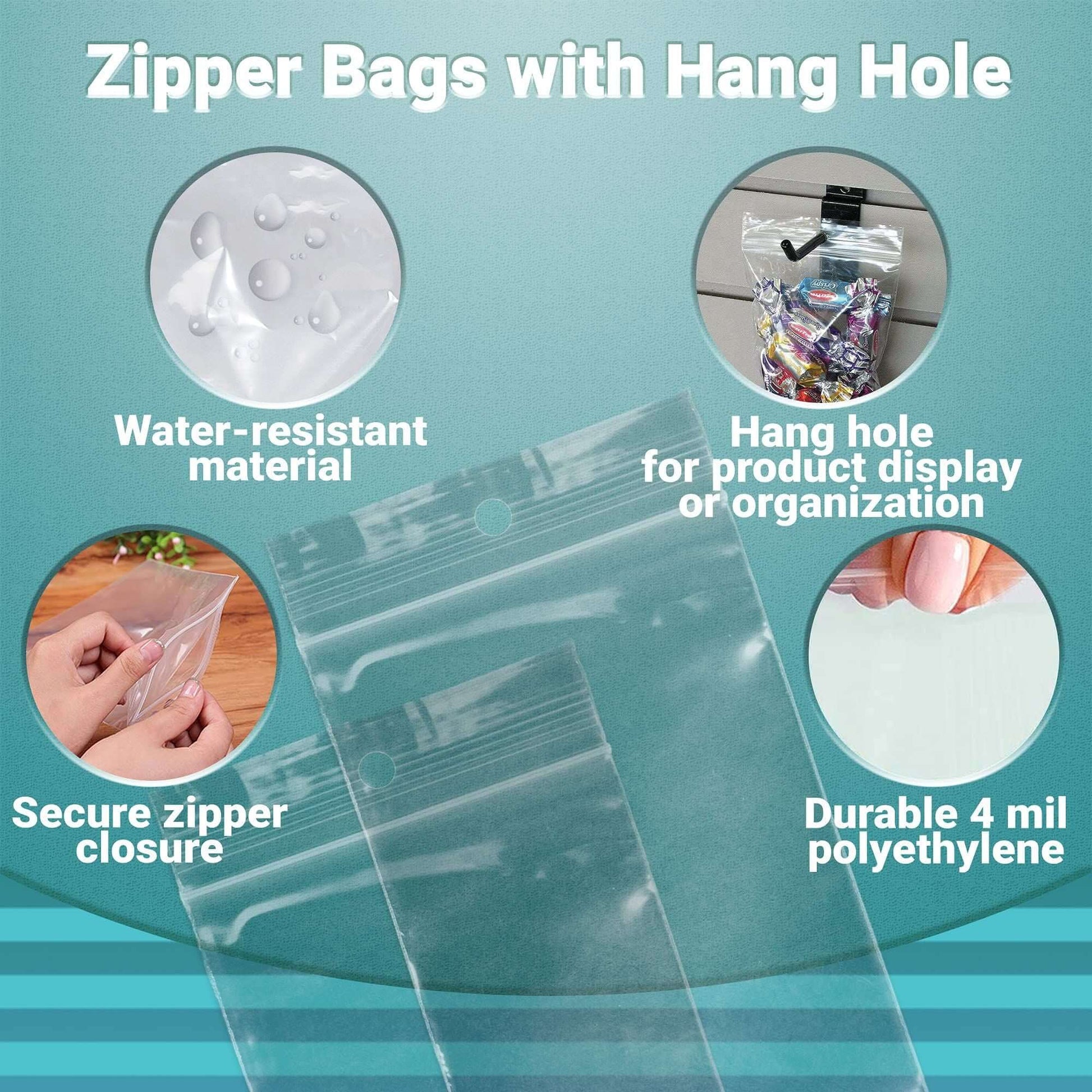 Zipper bags with hang hole, 4 mil thick, water-resistant, secure closure, ideal for storage and display.