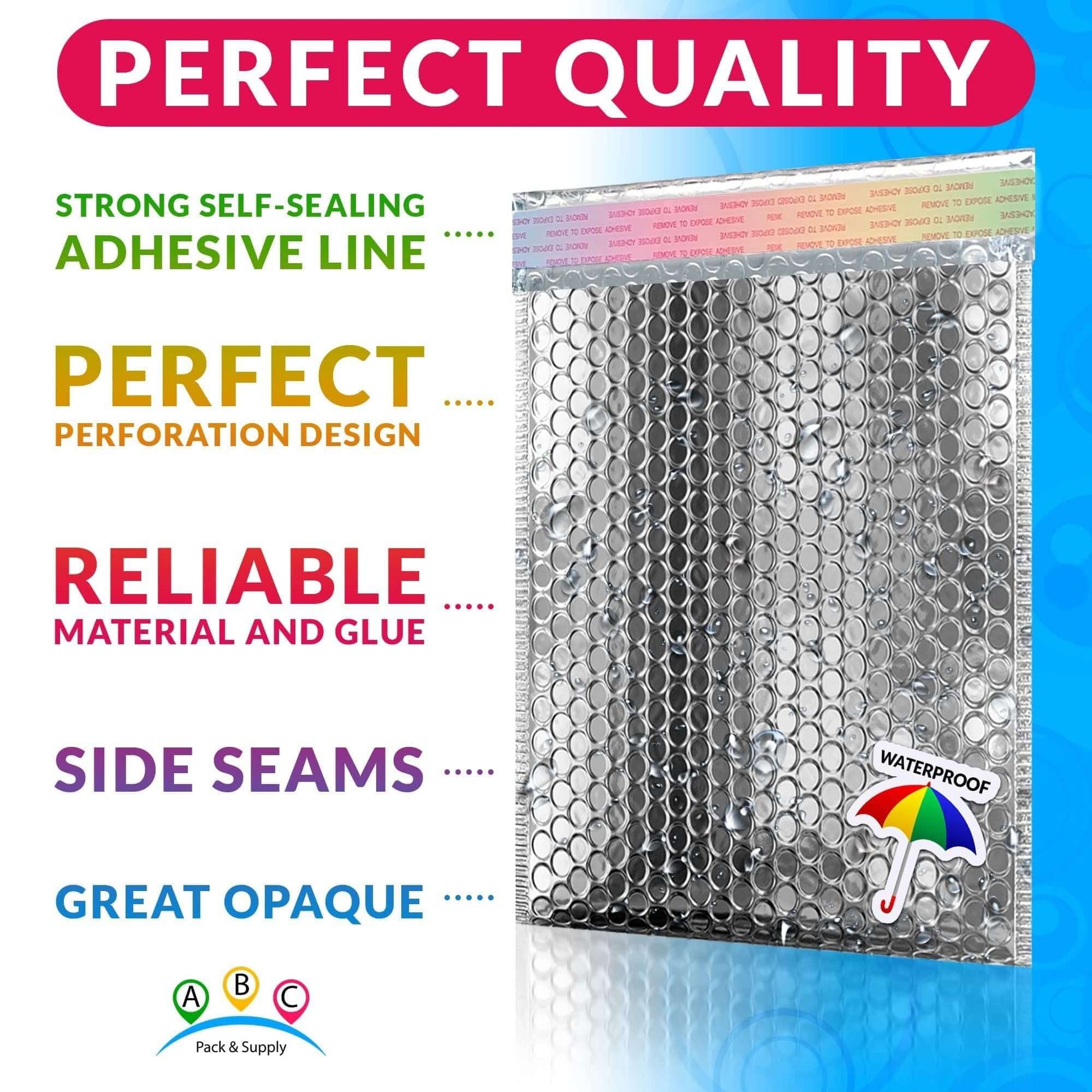 Silver metallic bubble mailer featuring strong adhesive, waterproof design, and reliable material for protection.