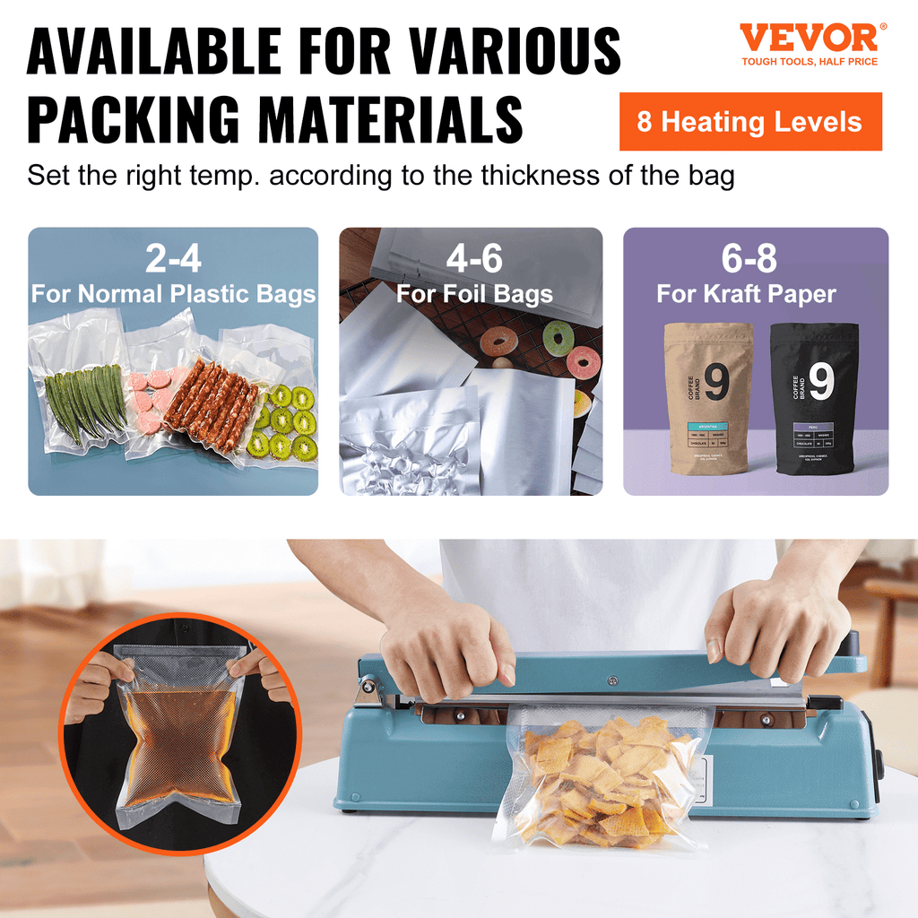 VEVOR Impulse Sealer image showing 8 heating levels for plastic, foil, and kraft paper bags.