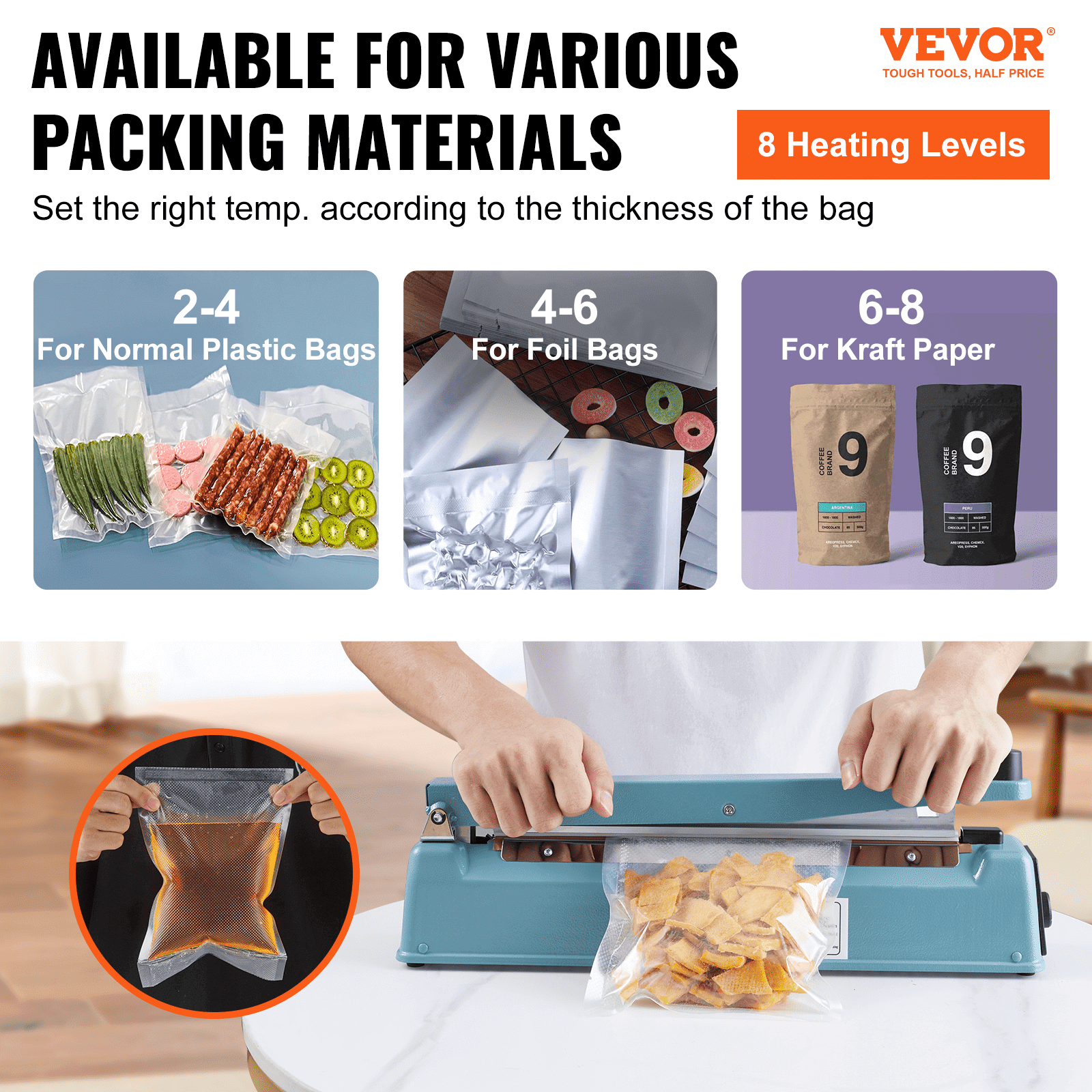 VEVOR Impulse Sealer image showing 8 heating levels for plastic, foil, and kraft paper bags.