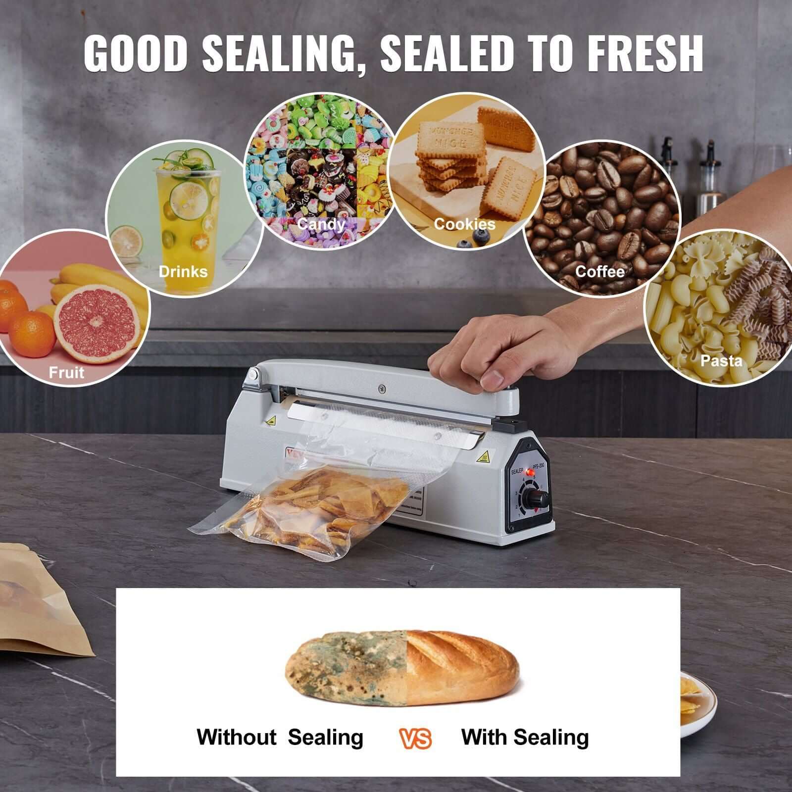 VEVOR Impulse Sealer in use, demonstrating food preservation with sealed vs unsealed bread.