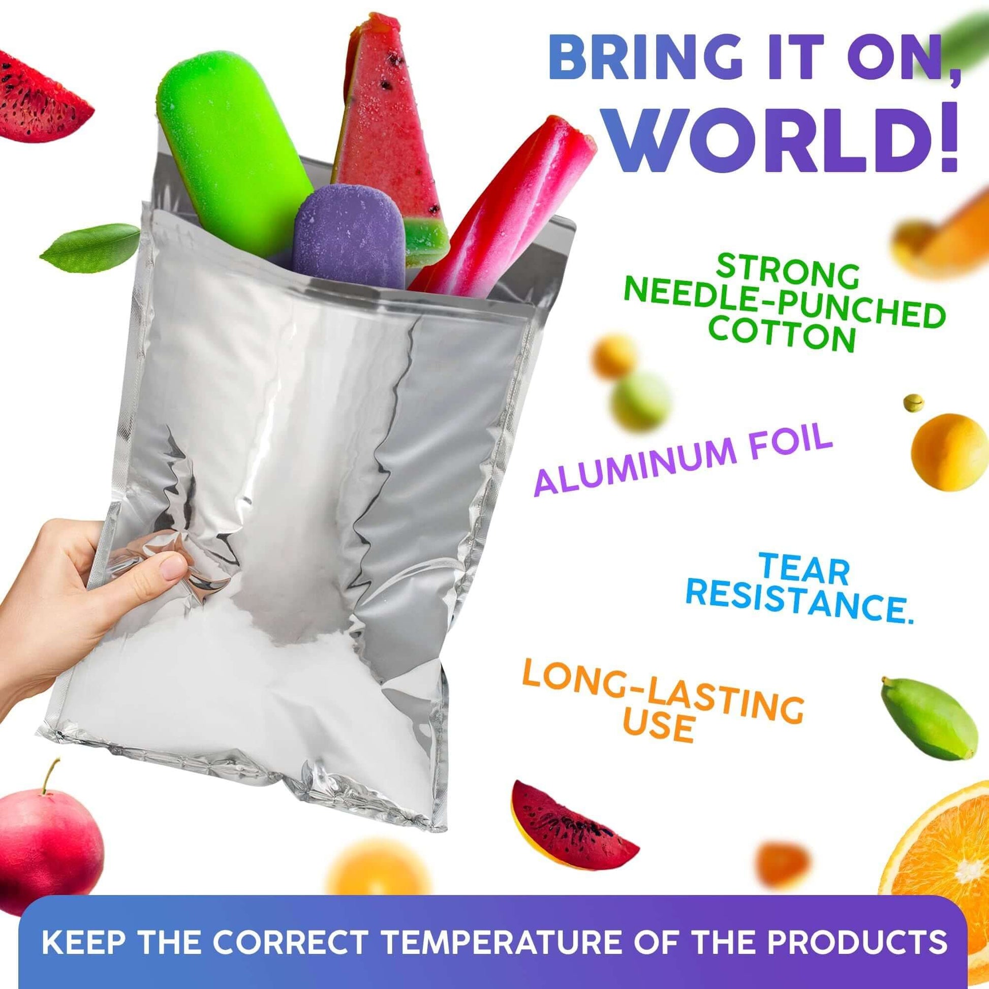 Hands holding insulated mailer filled with colorful popsicles, showcasing aluminum foil and tear resistance for temperature control.