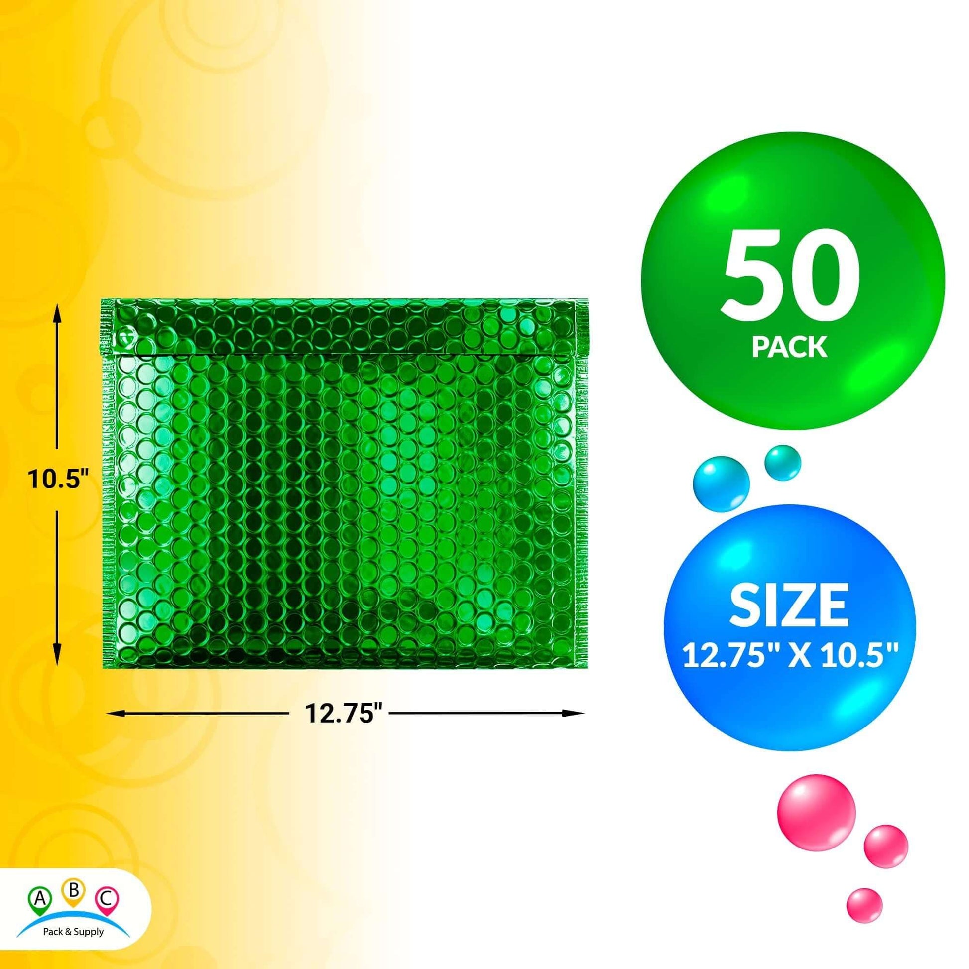 Green metallic bubble mailers, 12.75 x 10.5 inches, pack of 50, waterproof and elegant packaging for jewelry.