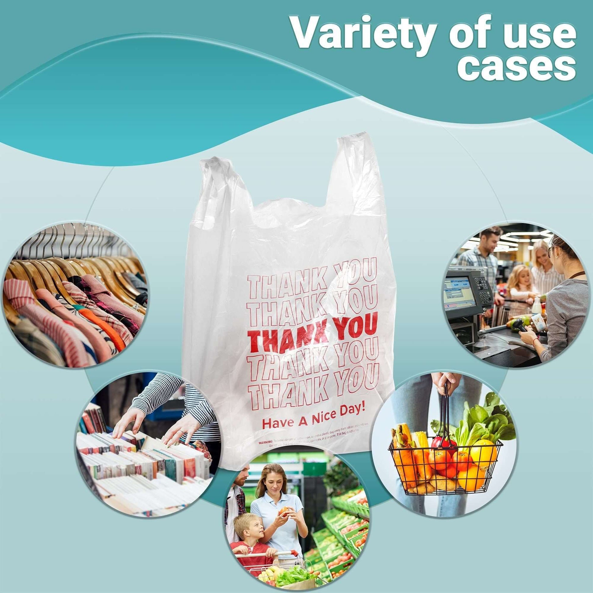 Thank you plastic bag showcasing various use cases in retail, grocery, and clothing stores.