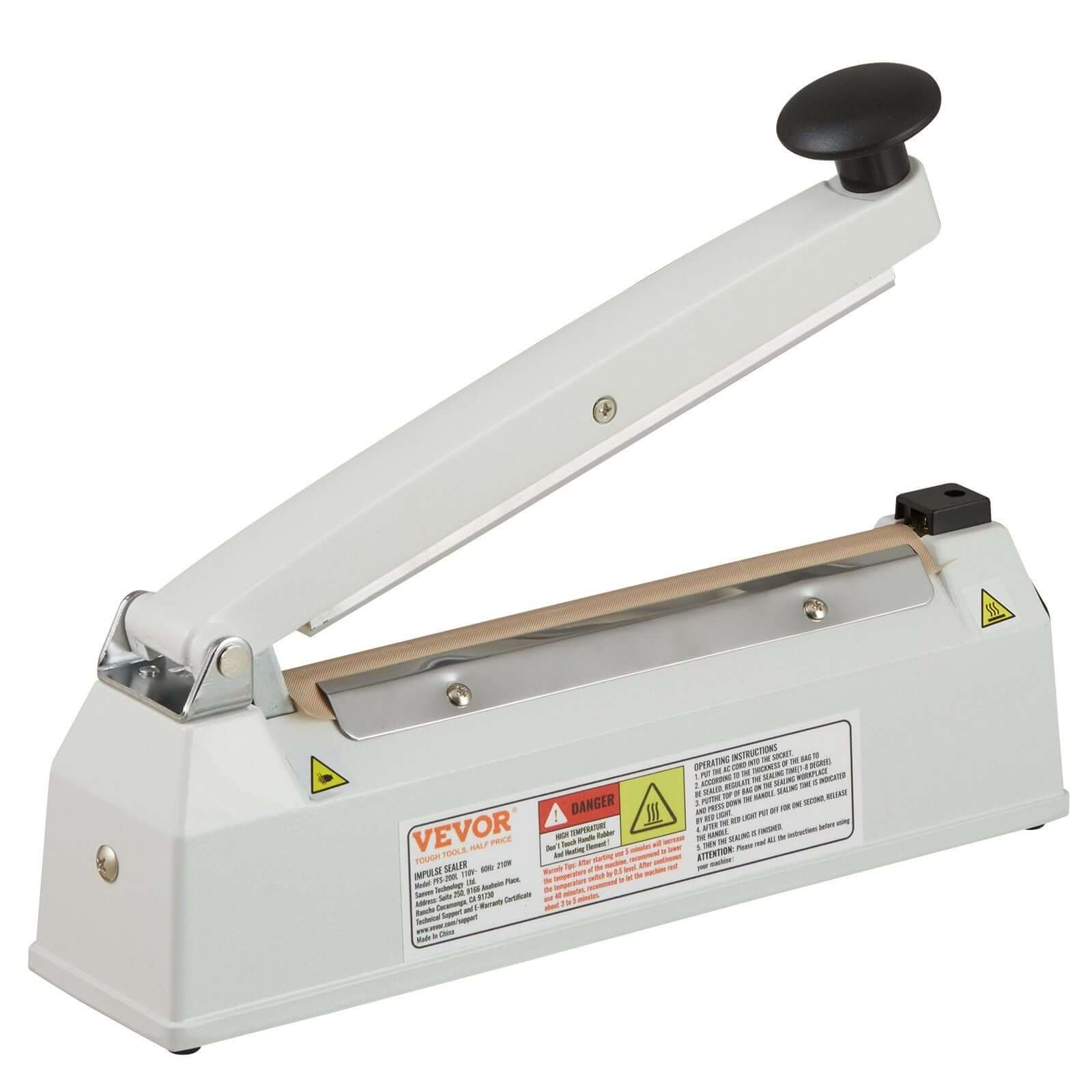 VEVO Impulse Sealer 8 inch, manual heat sealing machine with adjustable heating settings for plastic bags.