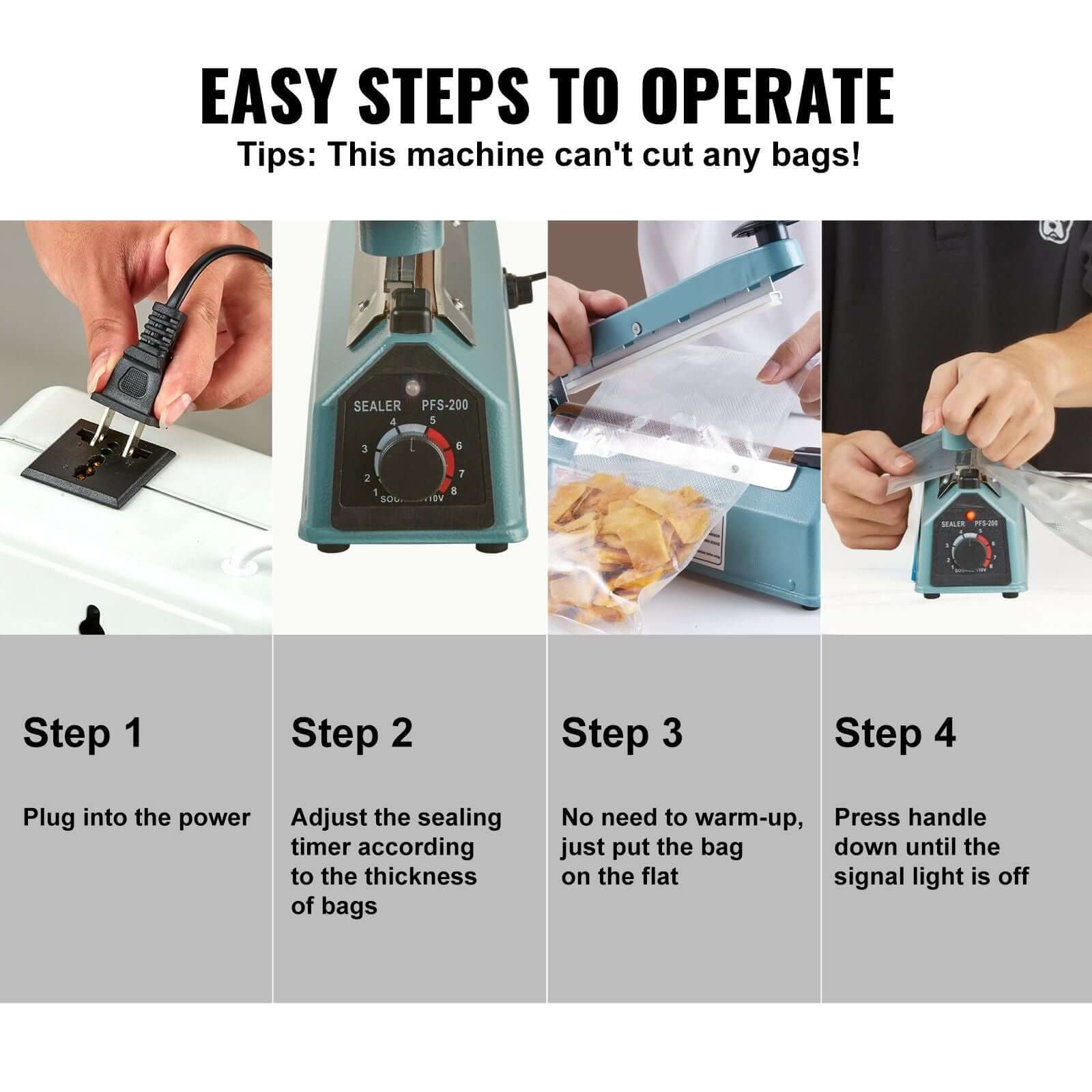 Easy steps to operate the VEVOR Impulse Sealer manual heat seal machine with adjustable settings.