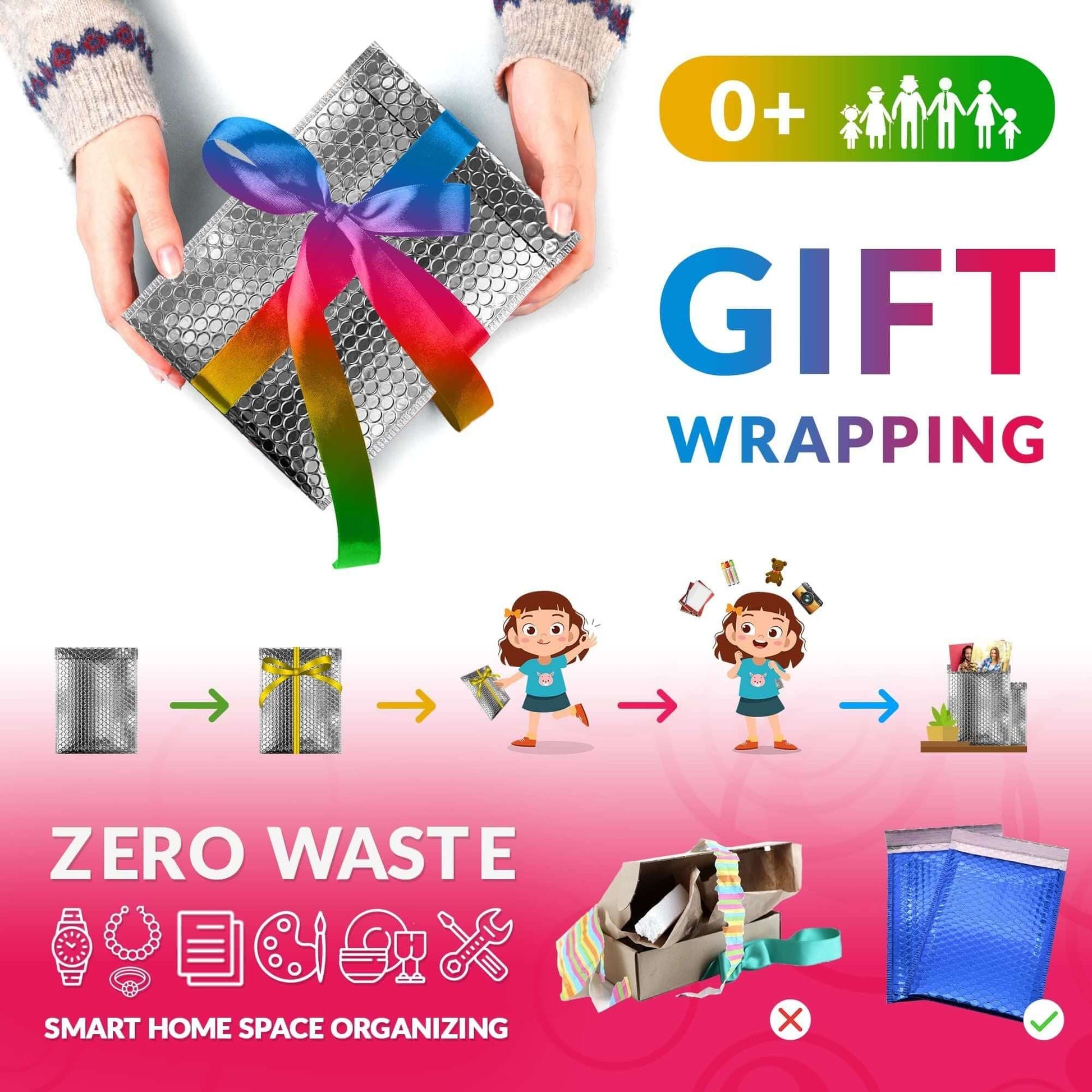 Person holding a silver metallic bubble mailer gift wrapped with colorful ribbon, promoting zero waste and smart storage.