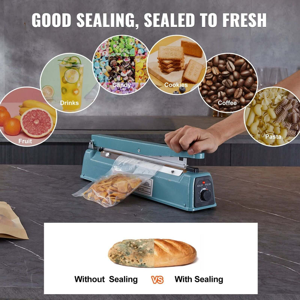 VEVOR 12 inch impulse sealer sealing various food items, showcasing sealing effectiveness for freshness preservation.