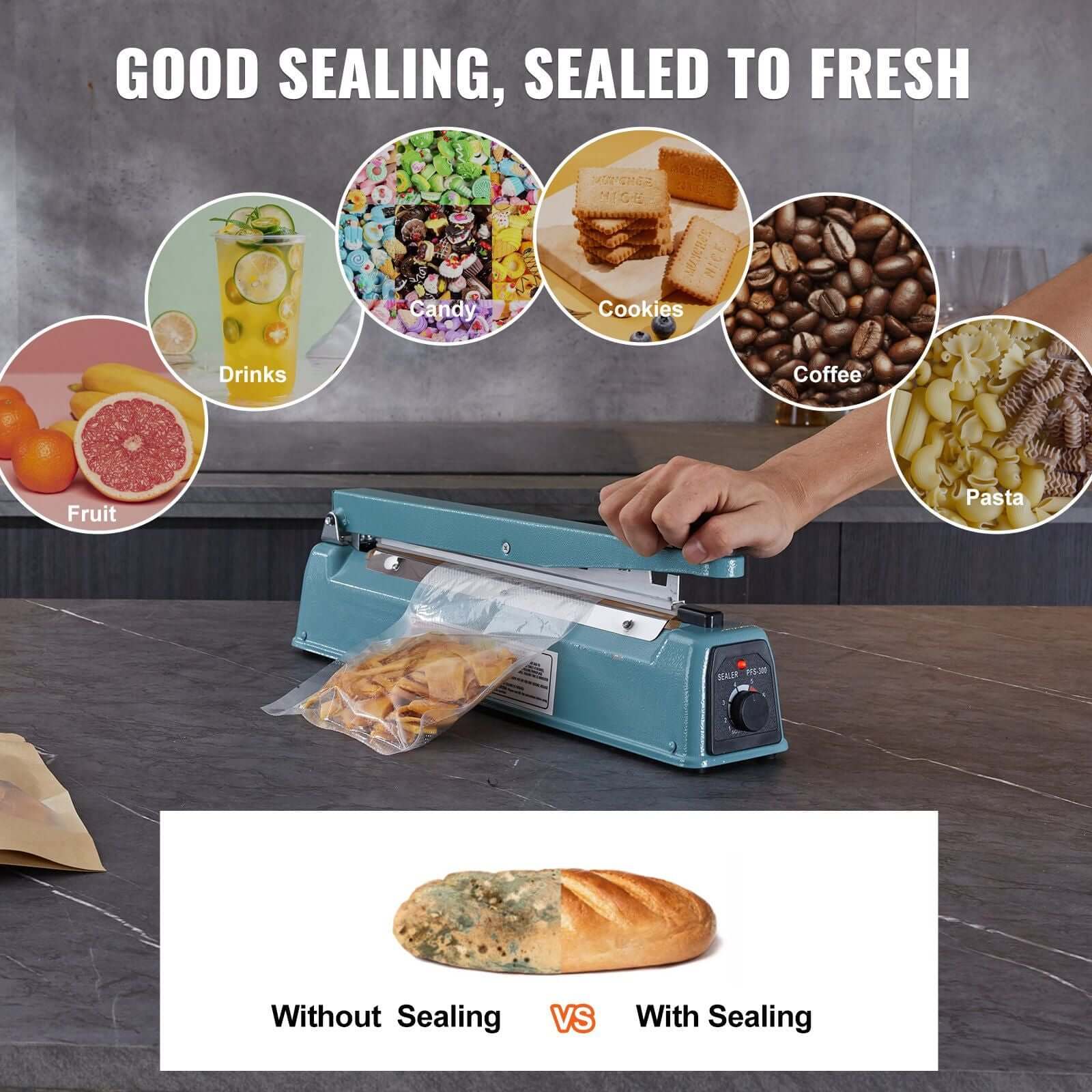 VEVOR 12 inch impulse sealer sealing various food items, showcasing sealing effectiveness for freshness preservation.