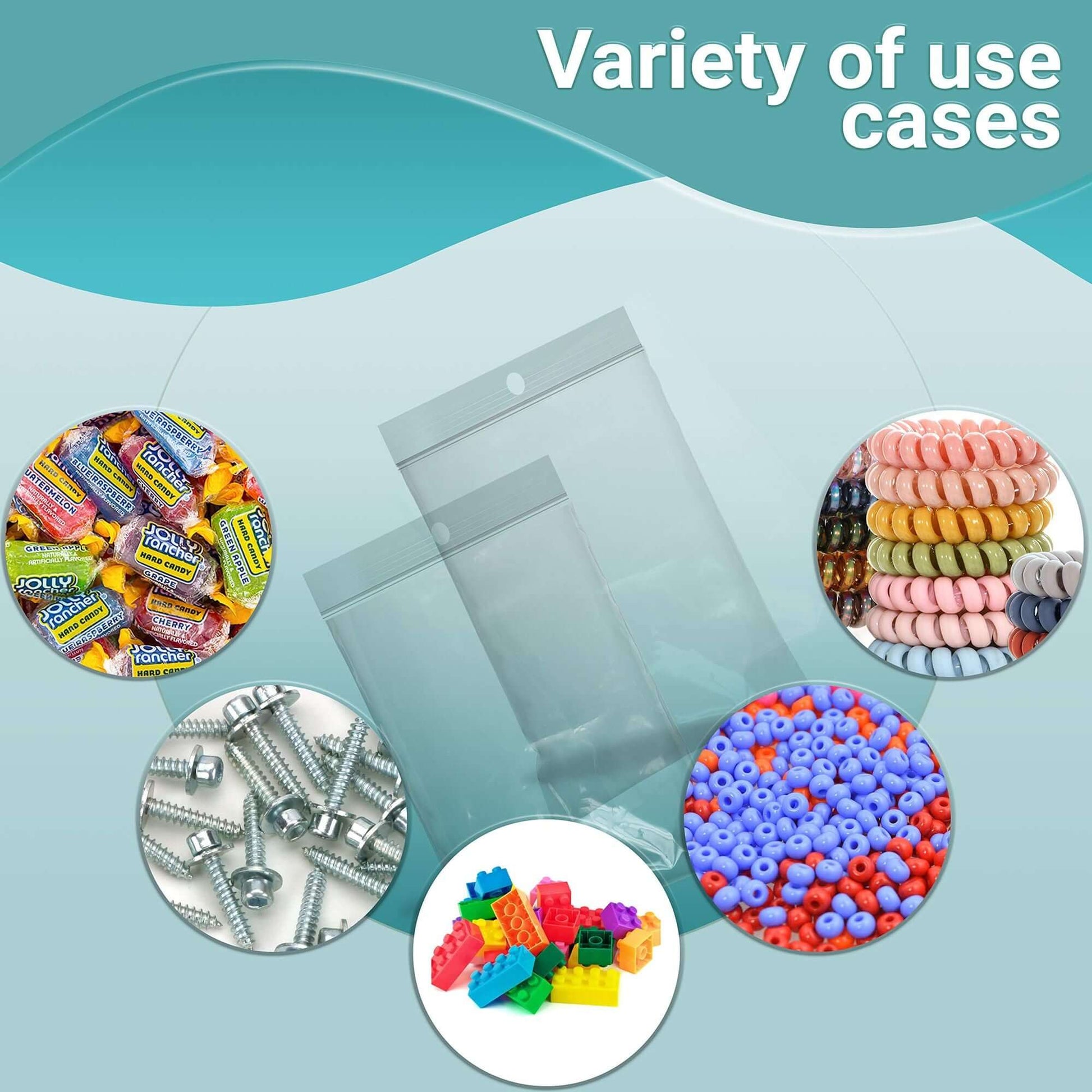 Variety of uses for zipper bags, showcasing candy, screws, beads, and toys in clear polyethylene bags with hang holes.