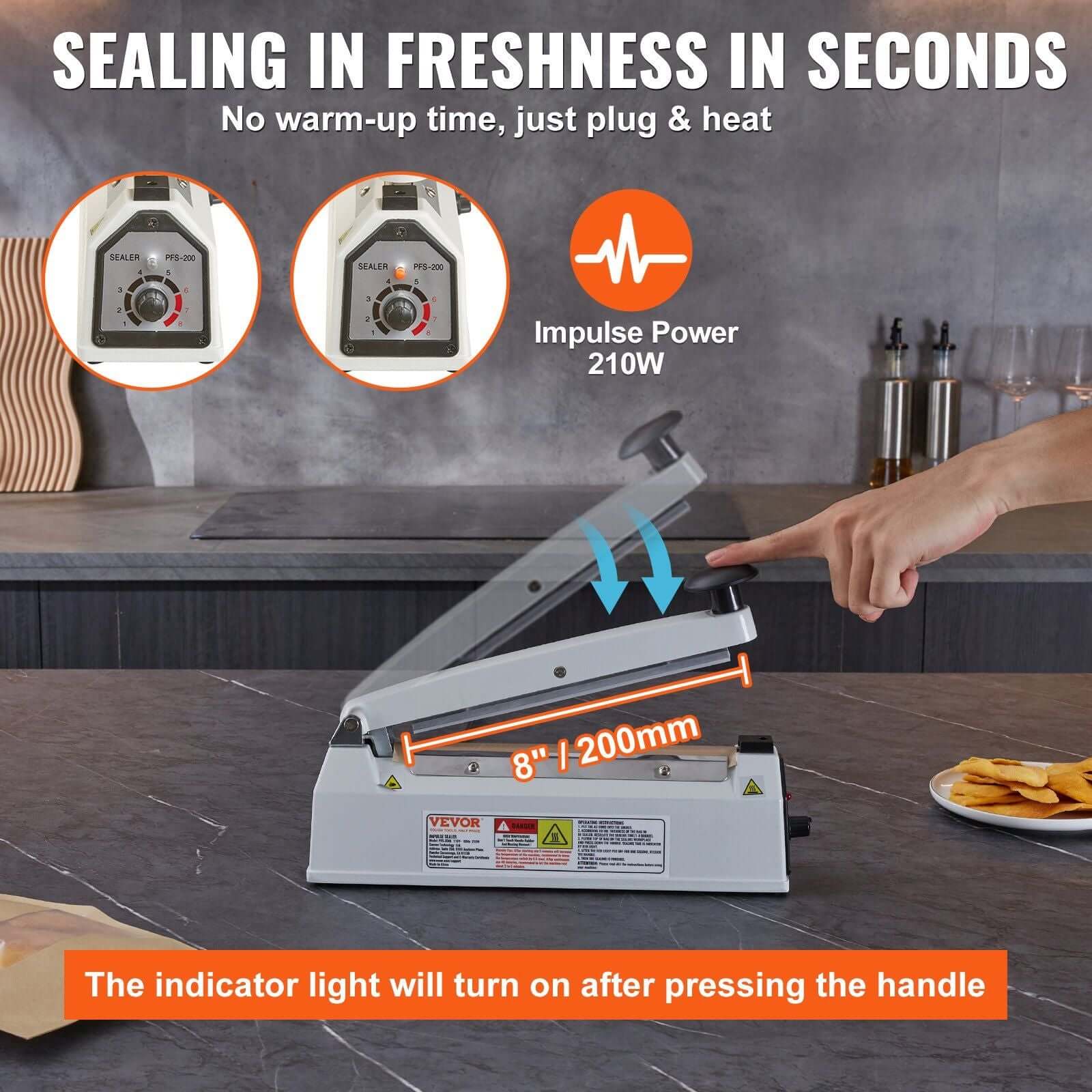 VEVOR Impulse Sealer 8 inch for quick sealing, featuring adjustable heat settings and indicator light for easy use.