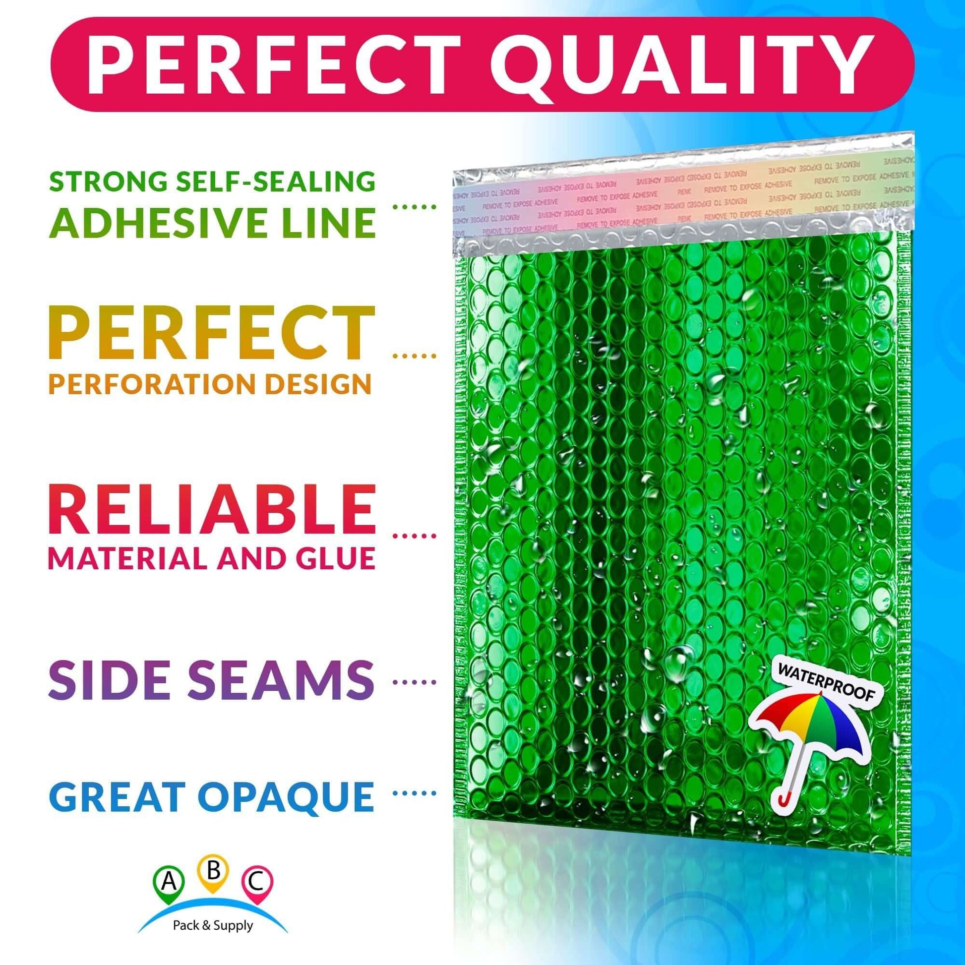 Green metallic bubble mailer featuring strong adhesive line, waterproof material, great opacity, and perfect perforation design.