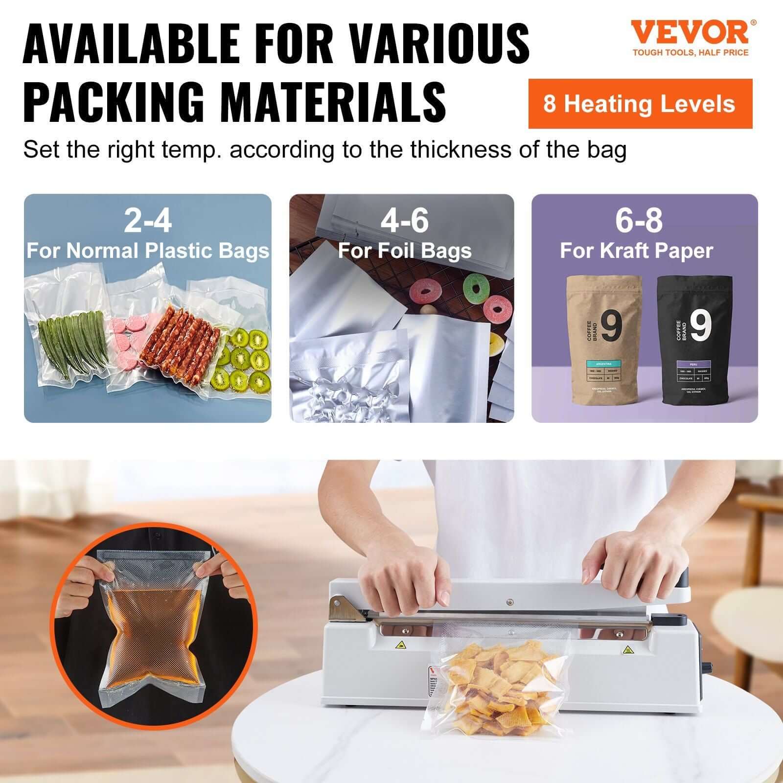 VEVOR Impulse Sealer showing adjustable heating levels for various packing materials including plastic, foil, and kraft paper bags.