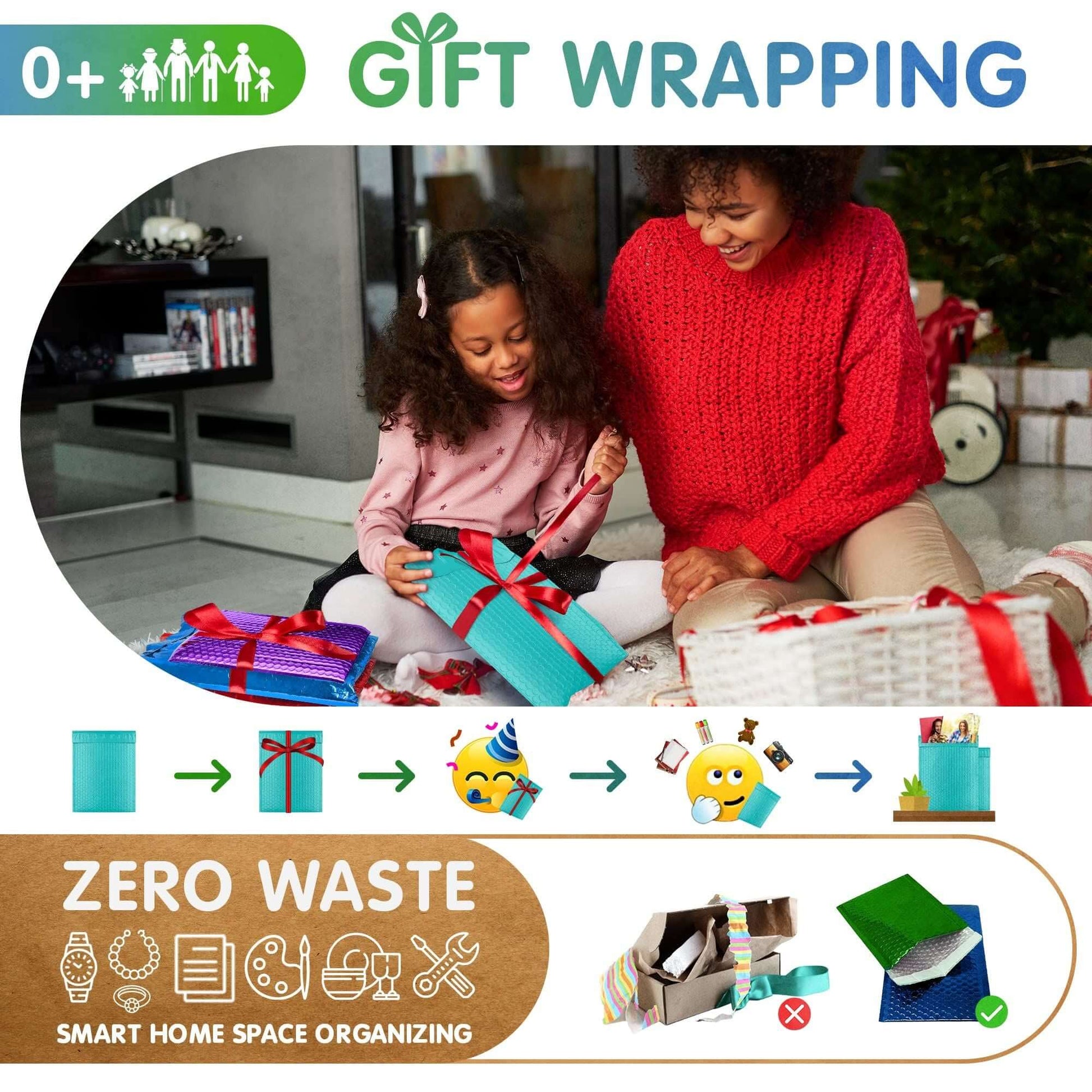 Mother and daughter enjoying gift wrapping with zero waste concepts and organized materials in a festive setting.