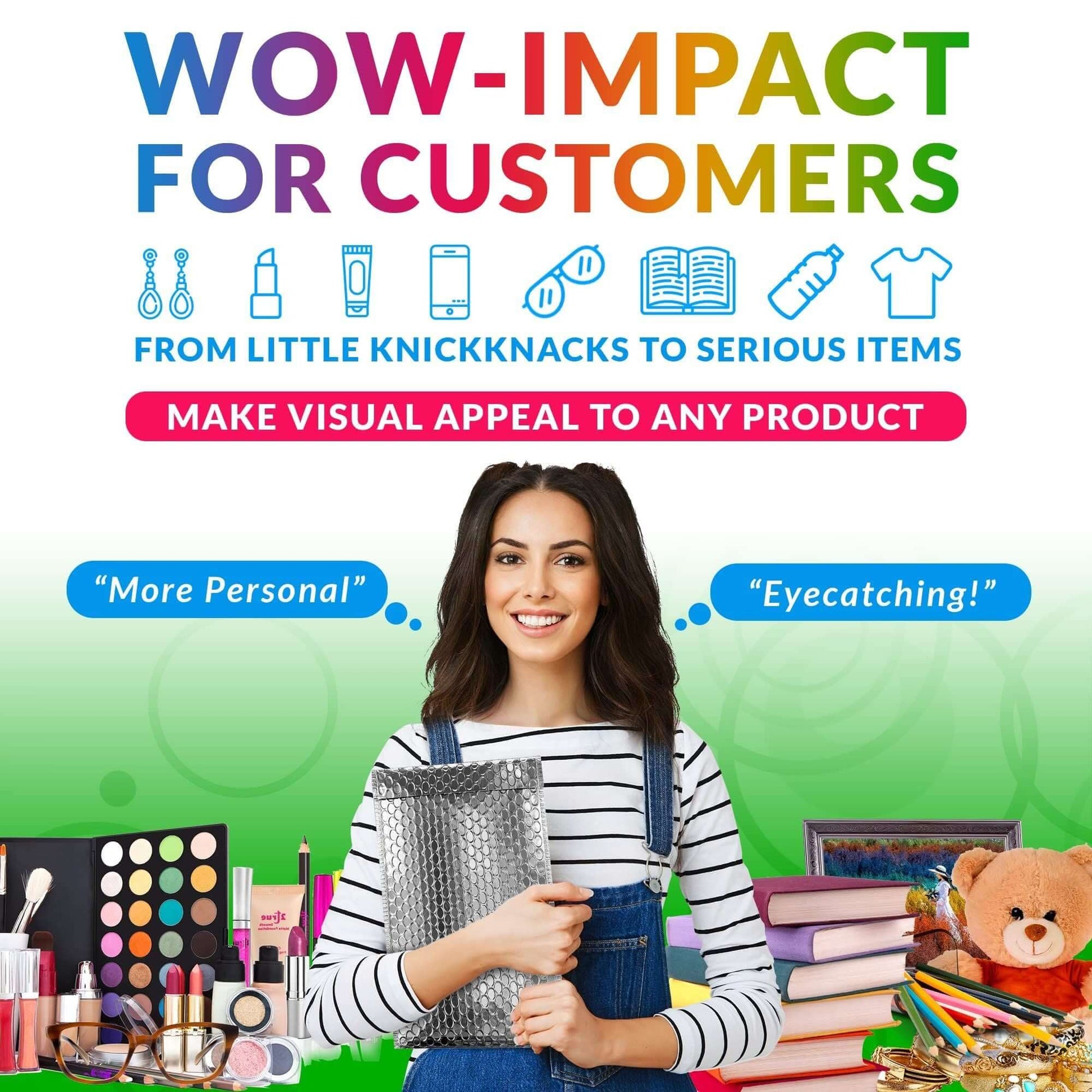 Woman holding metallic bubble mailer with colorful products and text highlighting visual appeal for customers.