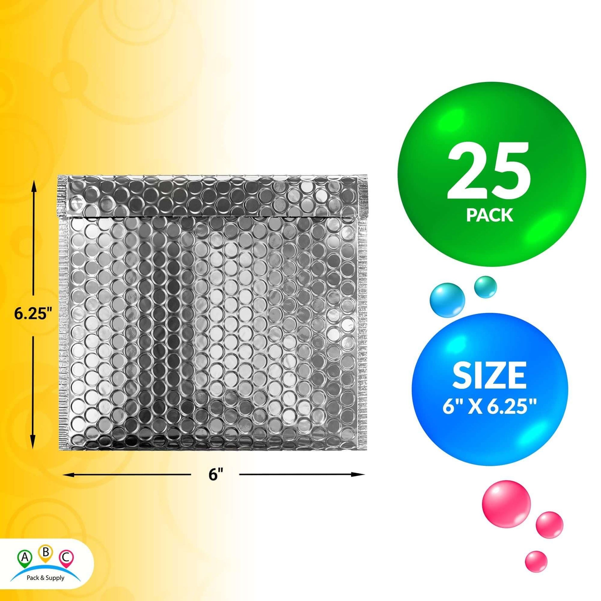 Silver metallic bubble mailers, 6 x 6.25 inches, 25 pack, waterproof packaging for jewelry and other items.