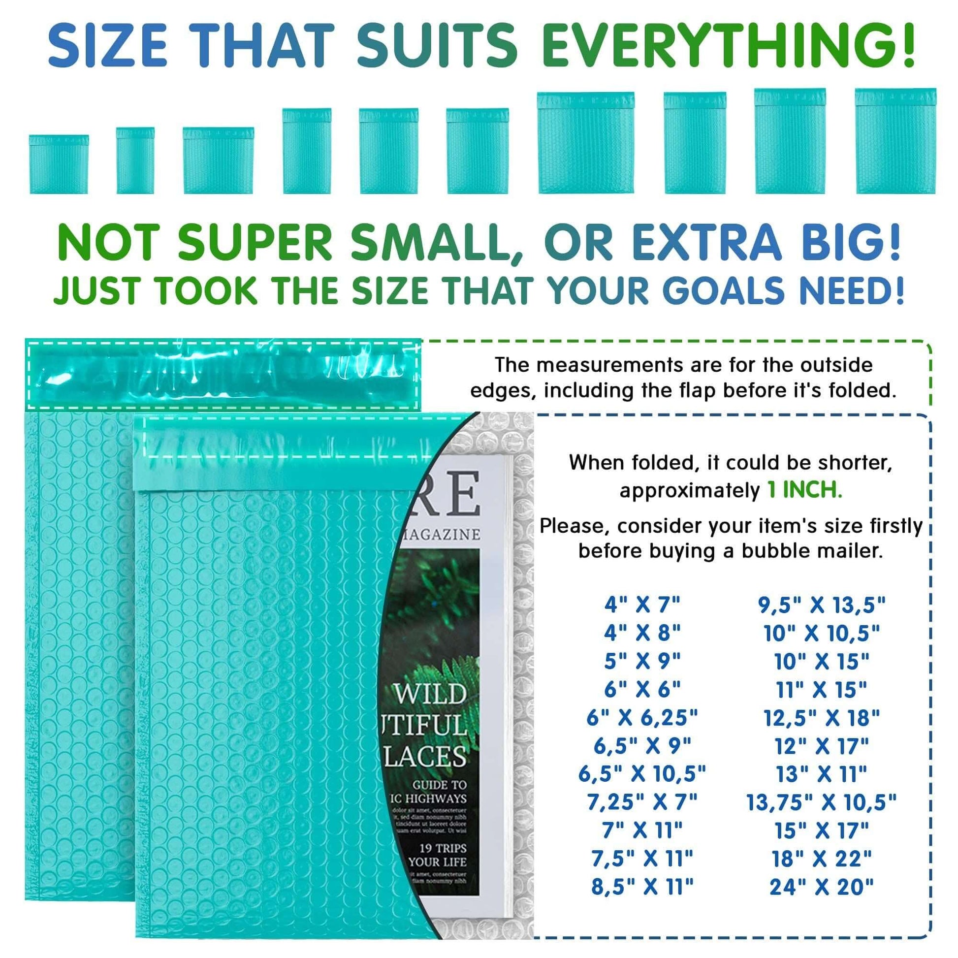 Teal bubble mailers with size chart, showcasing dimensions for optimal packaging solutions in shipping.