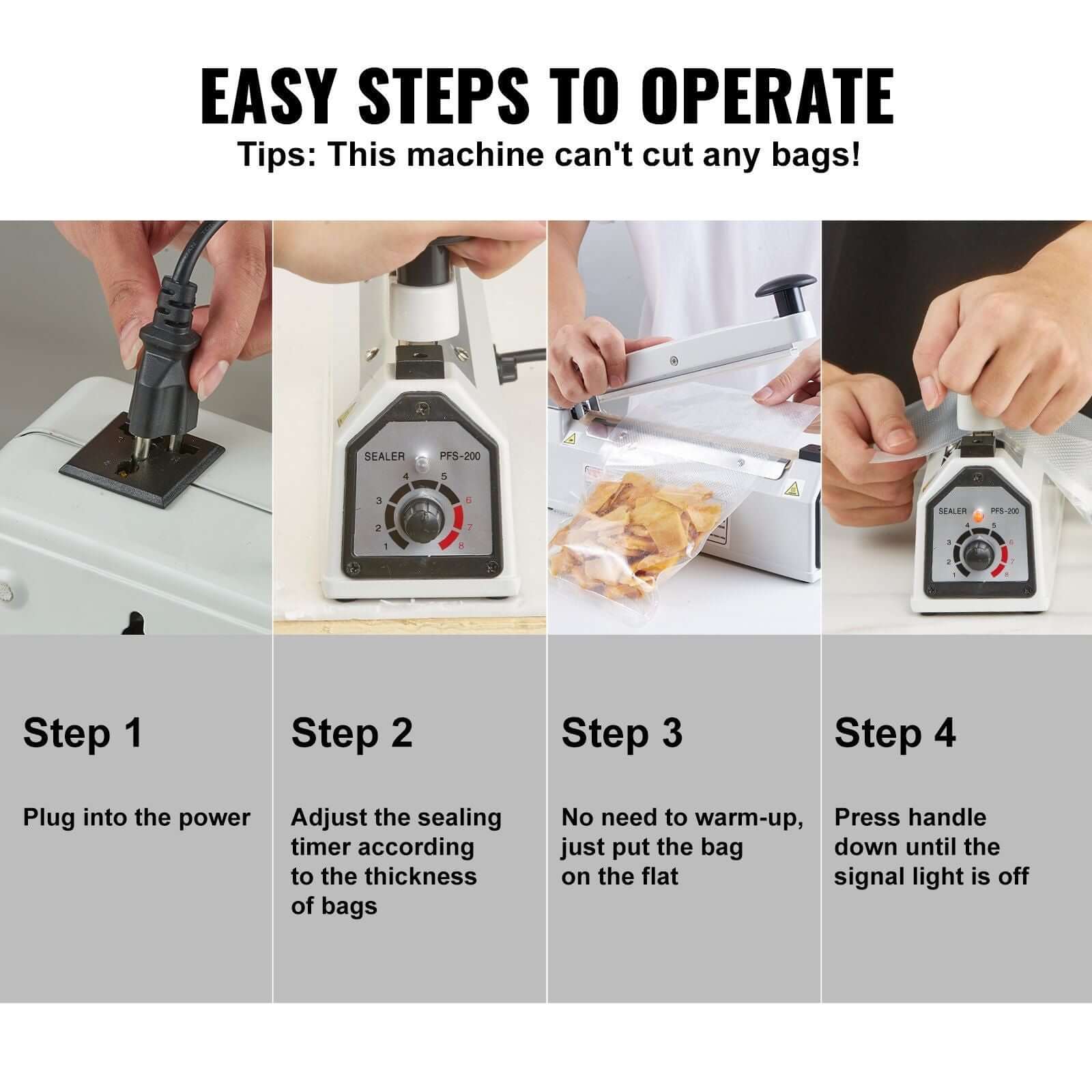 Infographic showing four easy steps to operate the VEVOR Impulse Sealer: plug in, adjust timer, place bag, and seal.