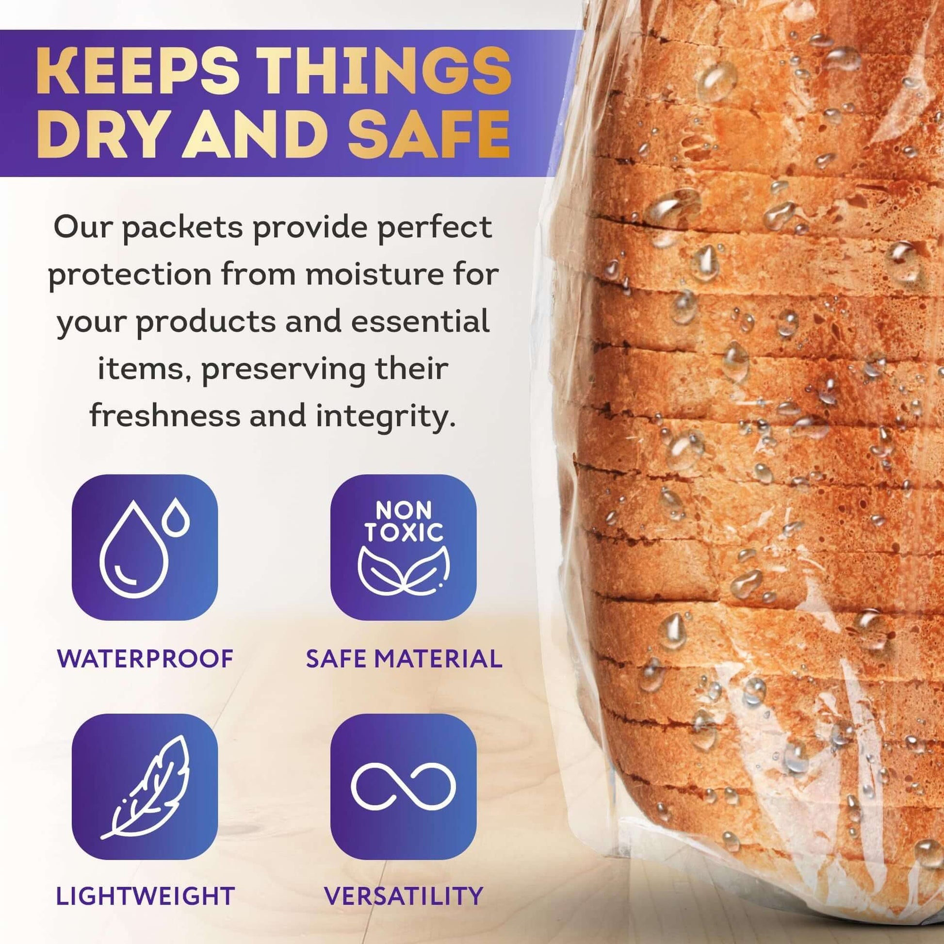 Clear gusseted bags keep bread dry and safe with waterproof, lightweight, and non-toxic material for optimal freshness.