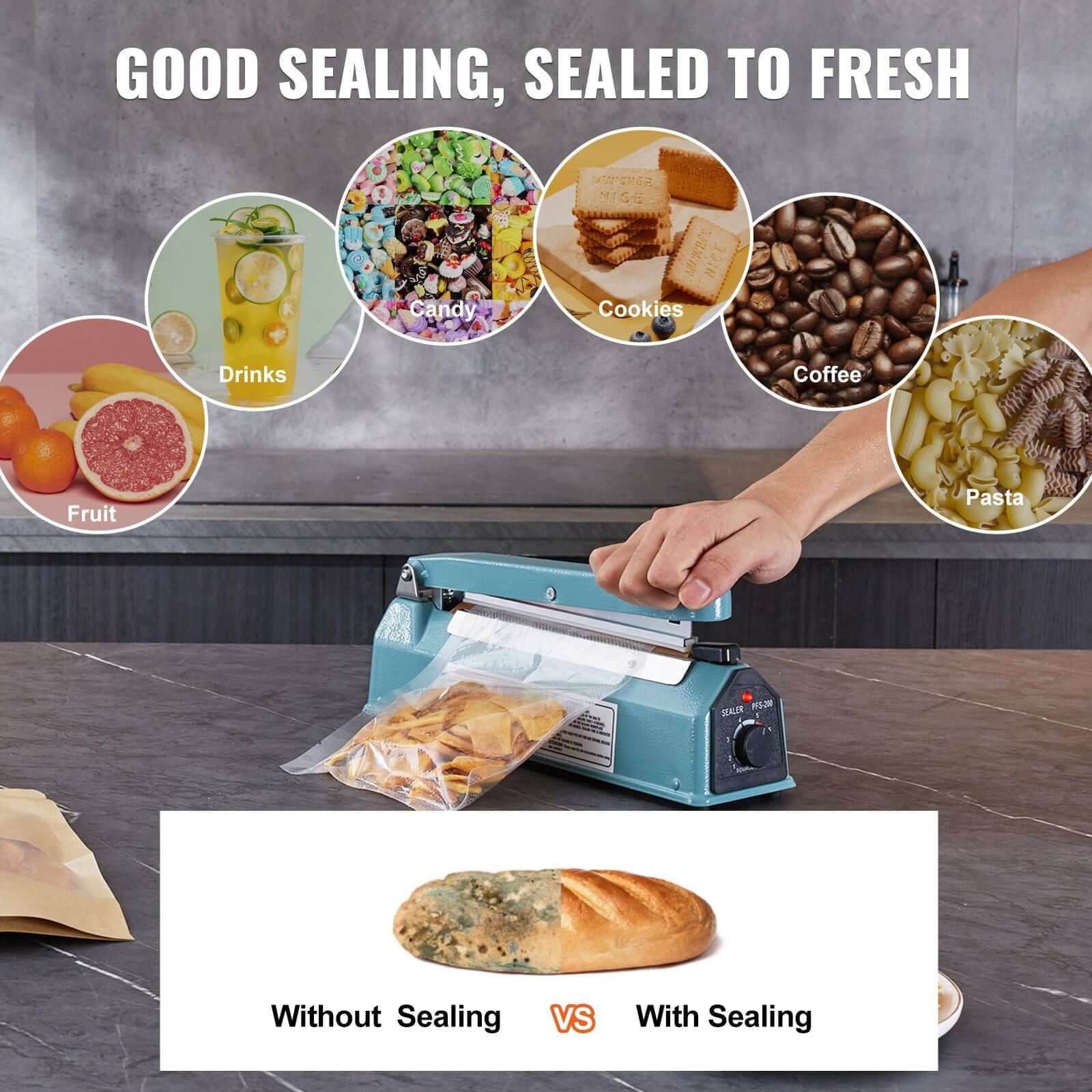 VEVOR Impulse Sealer 8 inch in use, sealing various food items like cookies and fruits for freshness.