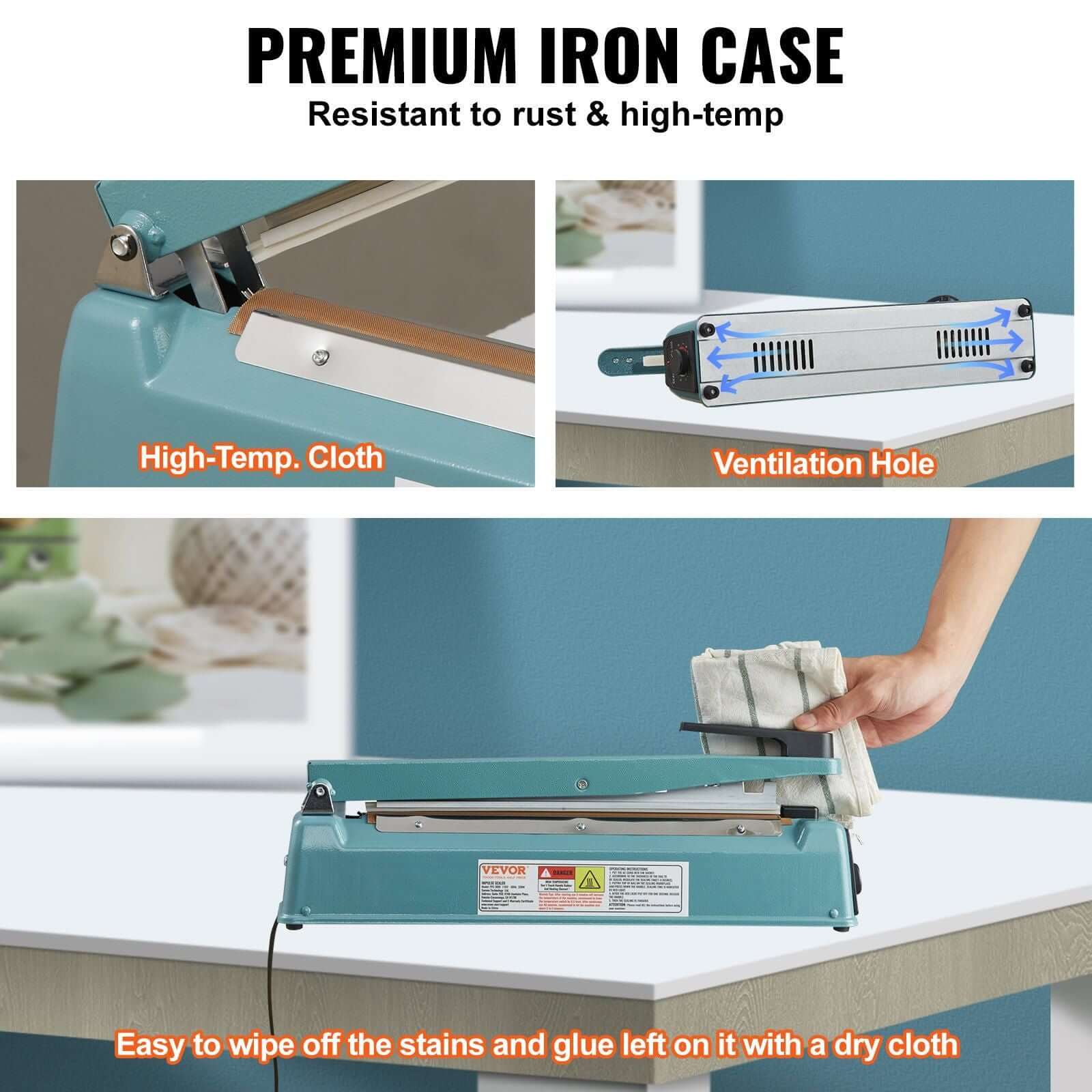 Premium iron case of VEVOR Impulse Sealer, featuring high-temp cloth, ventilation hole, and easy-to-clean design.