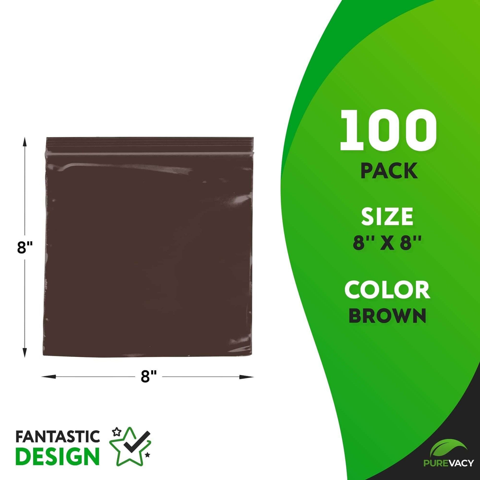Amber zip bags, 8x8 inches, pack of 100, brown plastic reclosable bags for packaging and organizing.