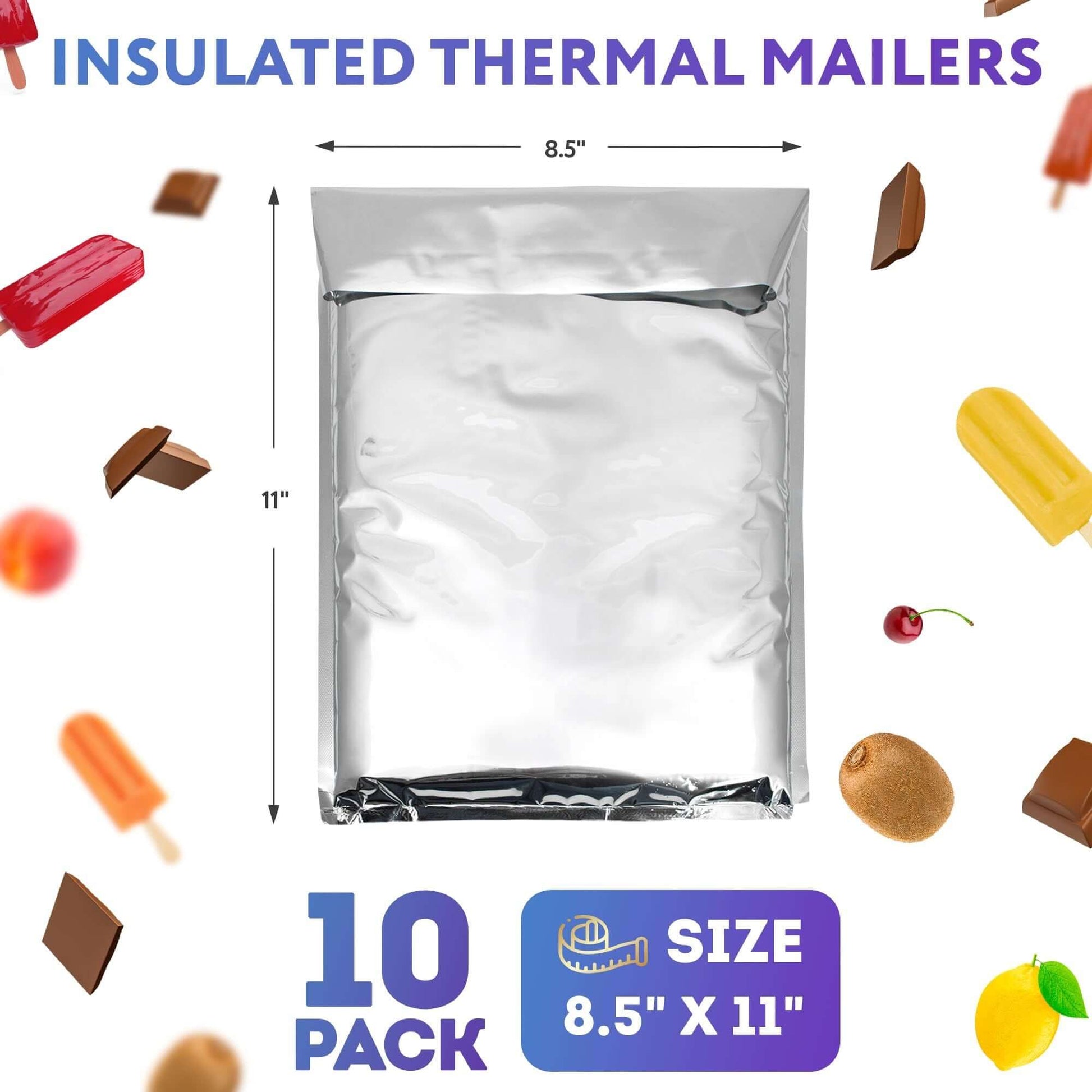 10-Pack Insulated Thermal Mailers 8.5 x 11 inches, ideal for shipping food and cosmetics, self-seal and leakproof.