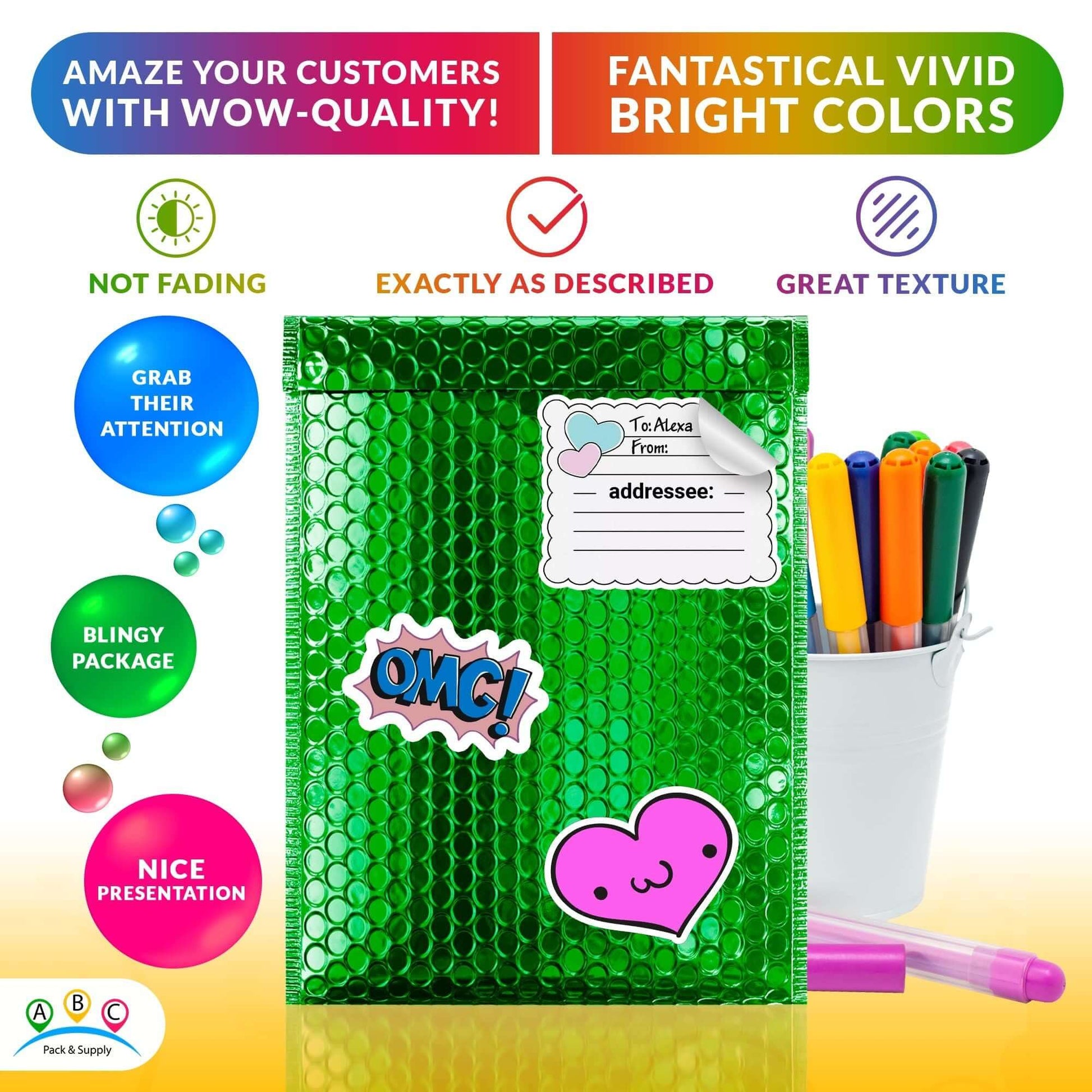 Green metallic bubble mailer with vibrant colors and stickers, showcasing its eye-catching design and quality.