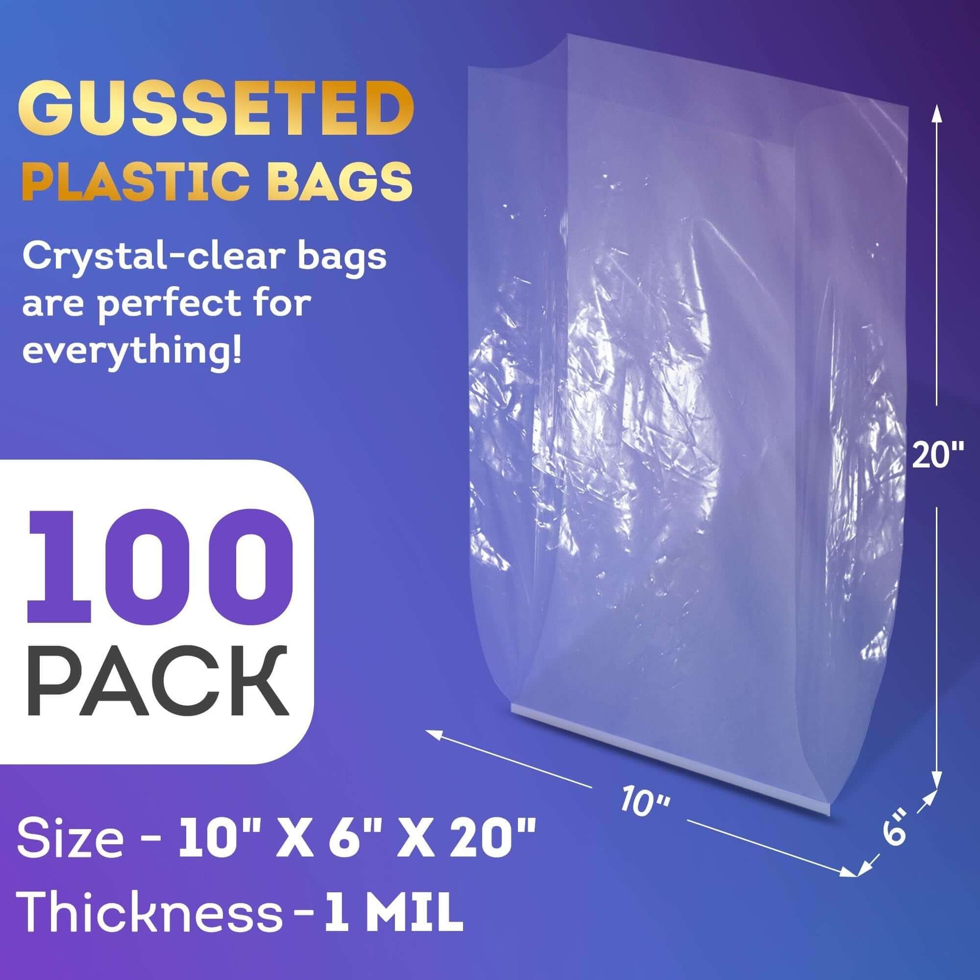 Clear gusseted plastic bags, 10x6x20 inches, 1 mil thick, perfect for favors, pack of 100.