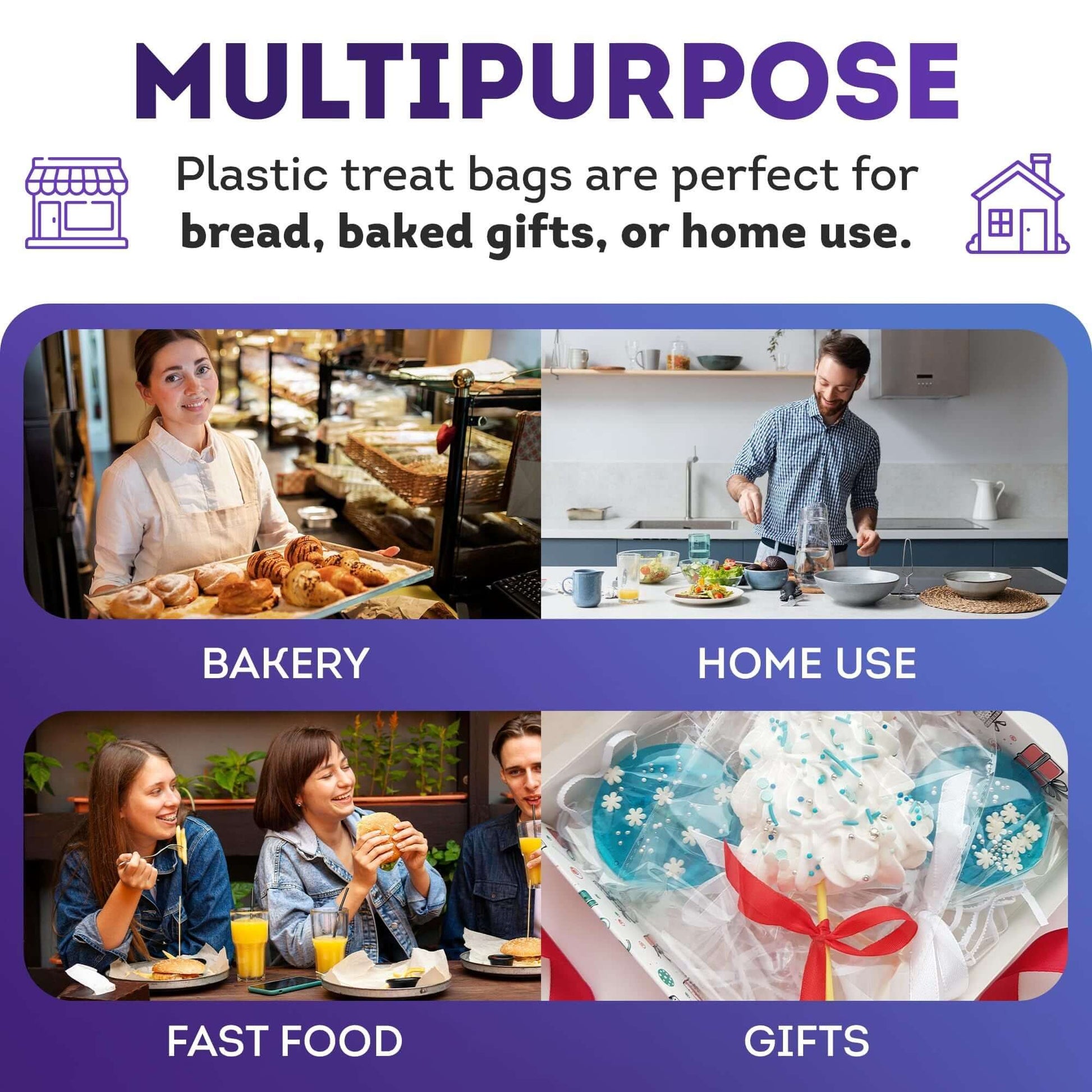 Multipurpose plastic treat bags ideal for bakery items, home use, fast food, and gifting.
