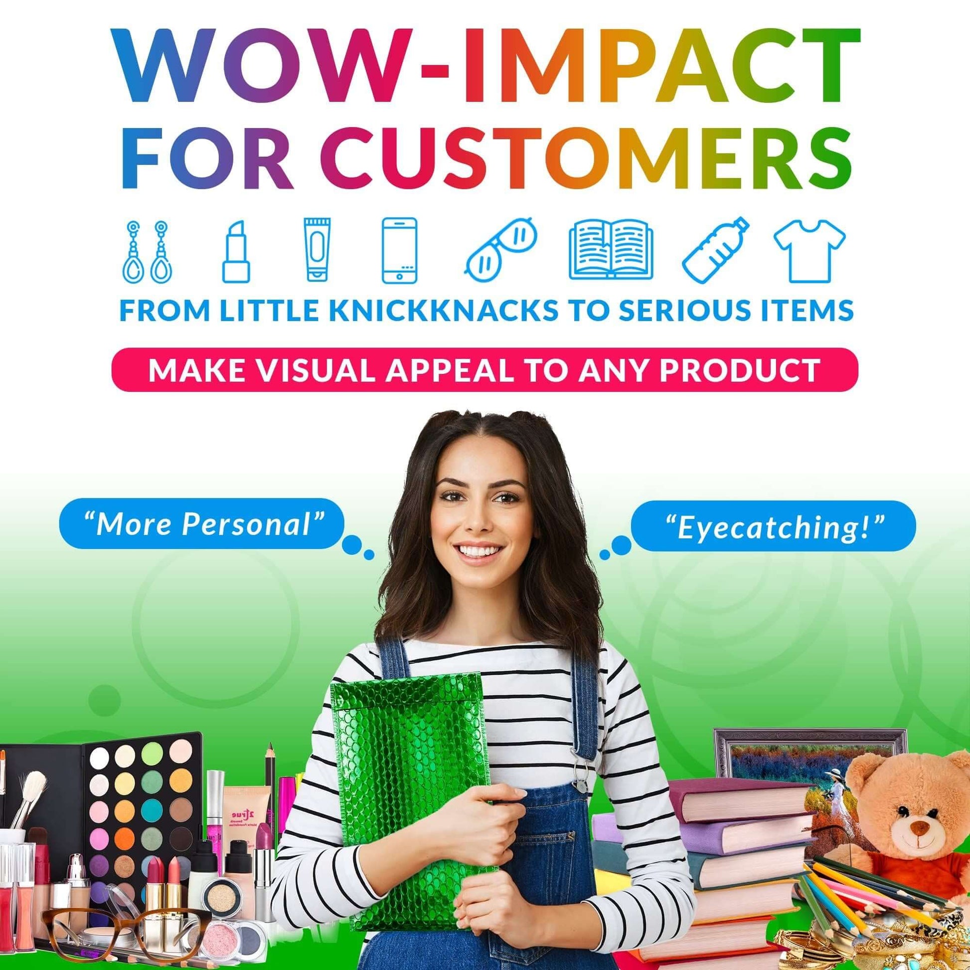 Woman holding a green metallic bubble mailer with colorful graphics emphasizing visual appeal for customers.