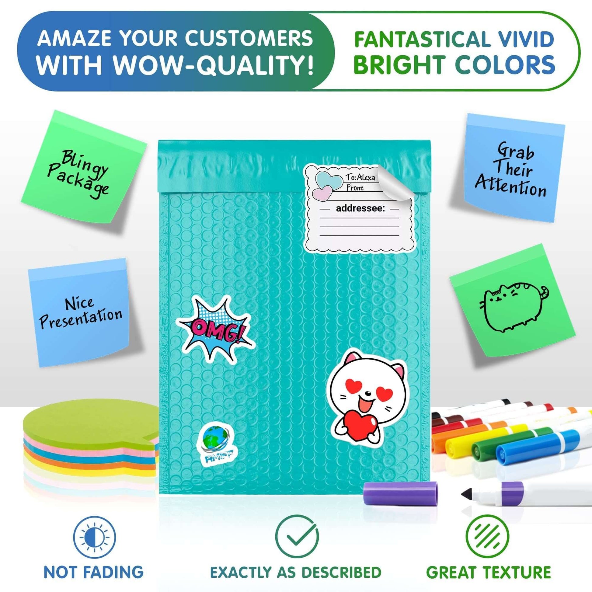 Teal poly bubble mailer with colorful stickers and markers, featuring vibrant design and sturdy packaging for secure shipping.