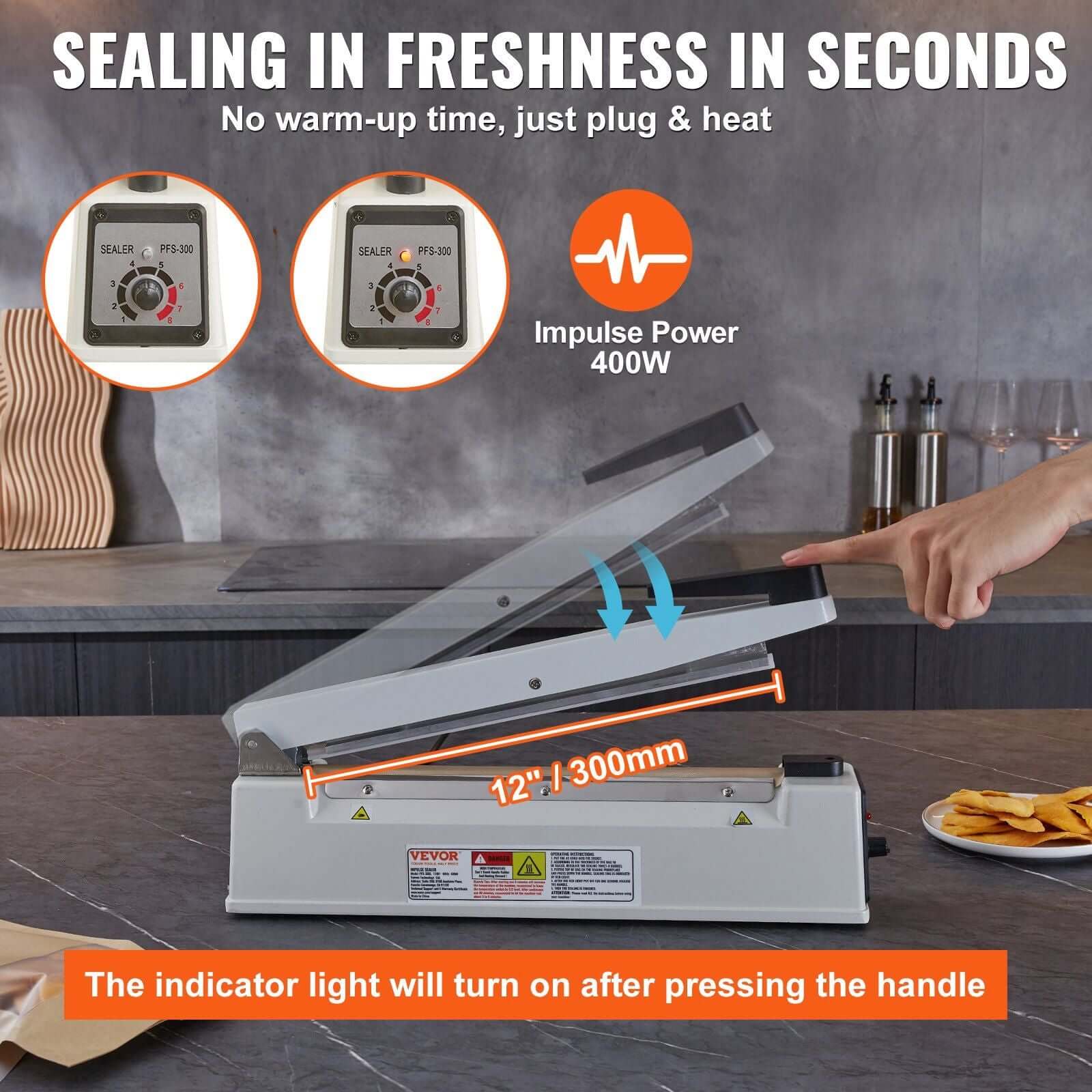 VEVOR 12" Impulse Sealer setup, showcasing adjustable heating for quick sealing without warm-up time.