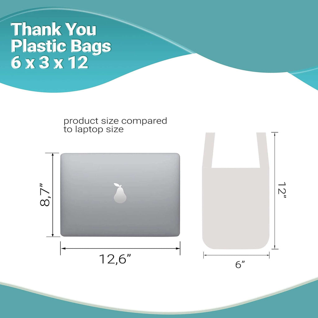 Thank You plastic bags 6x3x12 size comparison with laptop, showing dimensions and usability for retail.