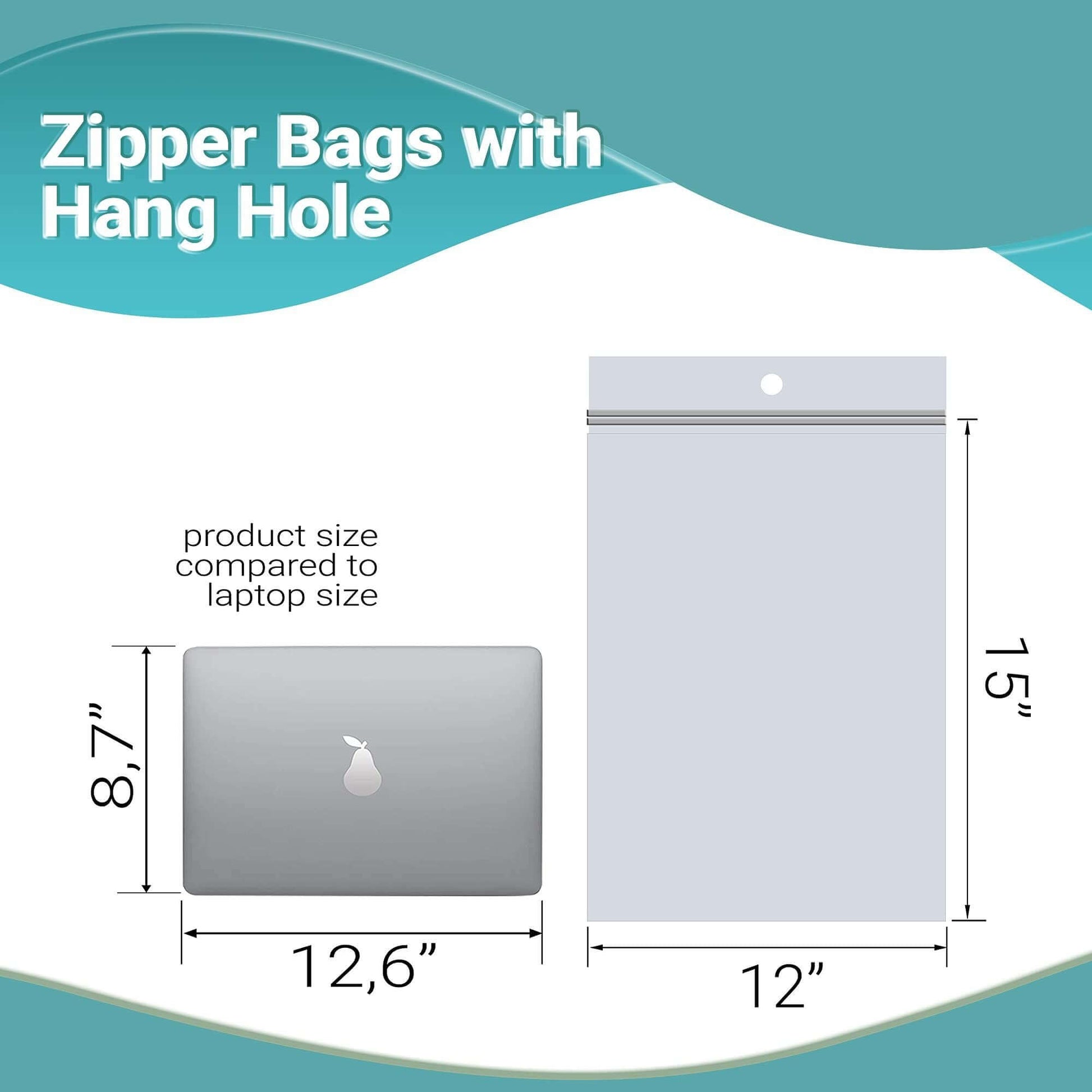 Maximized visibility of zipper bags with hang hole, size comparison to laptop, dimensions 12x15 inches.