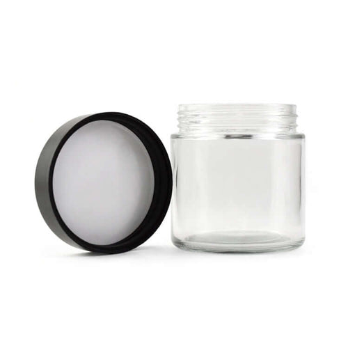 Clear 14oz glass jar with child-resistant black lid, ideal for packaging flower and edibles.
